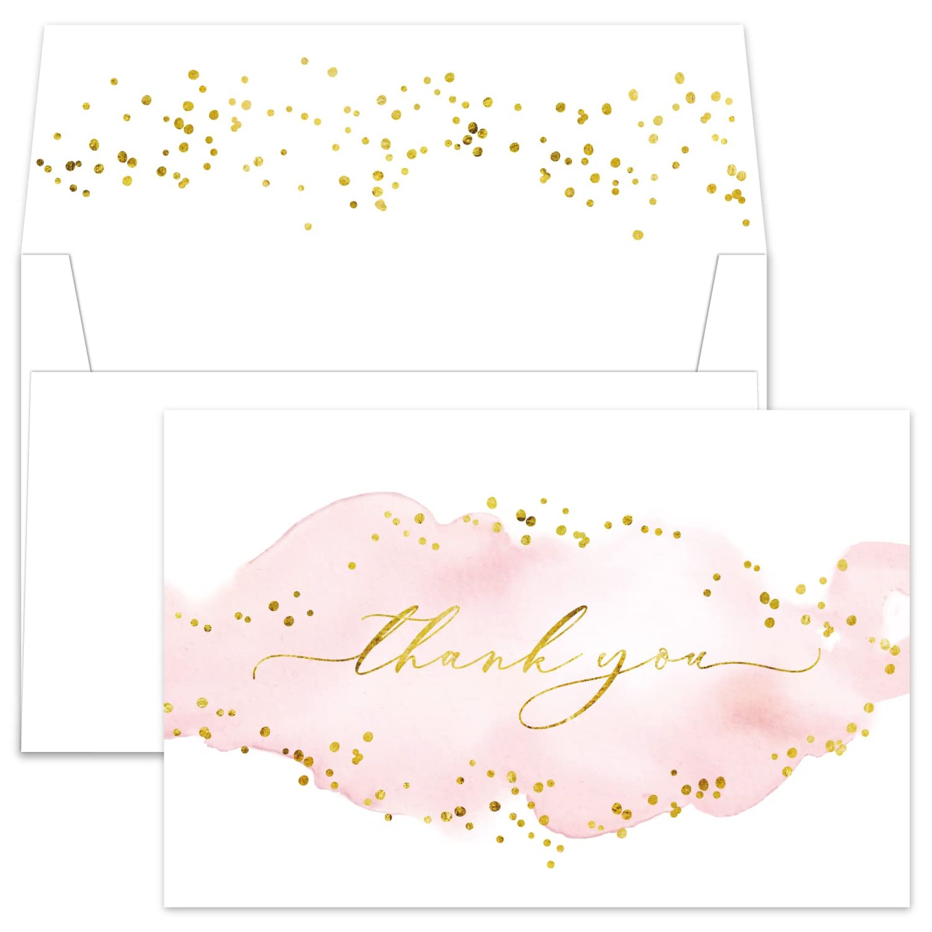 Thank You Cards Set with Envelopes Gold Foil Watercolour Design for Weddings, Showers & Gifts - Pink White Gold 4x6 inch