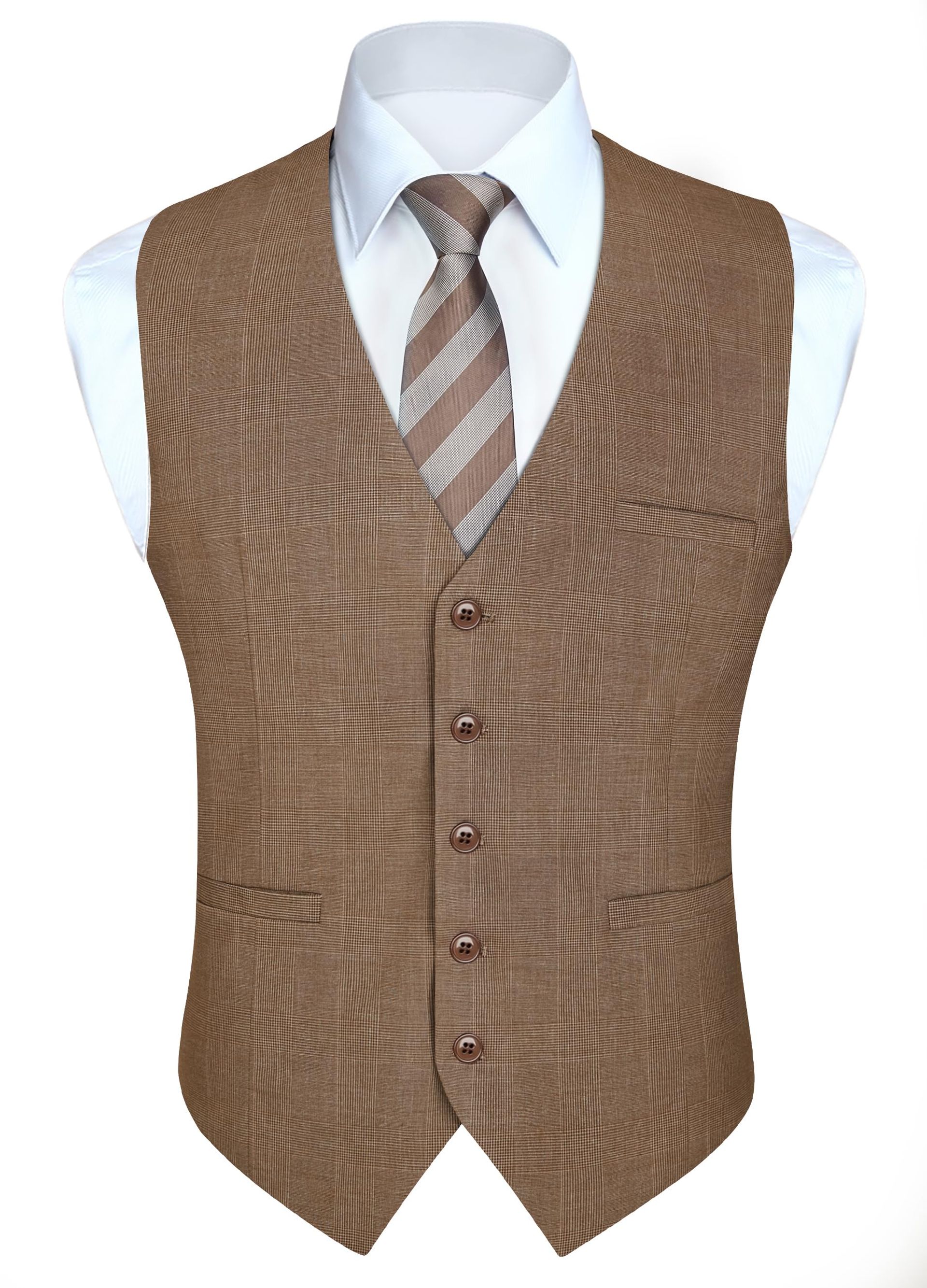 Men's Formal Check Waistcoat Classic Business Suit Vest 5 Buttons - Brown XS