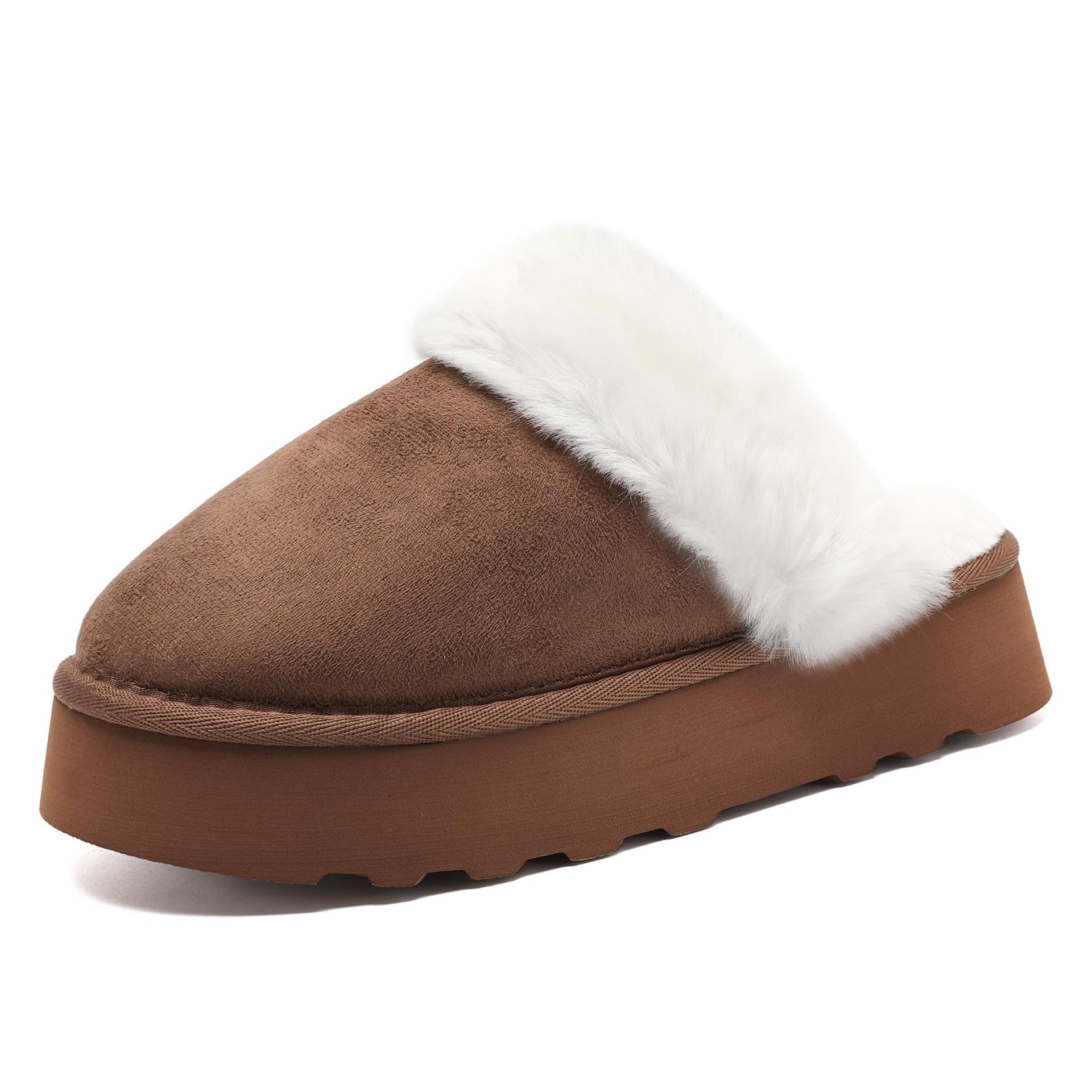 Fluffy Women's Platform Slippers - Non-Slip, Memory Foam, Fur Fleece Lined, Indoor/Outdoor, UK Size 7/8 (Brown)