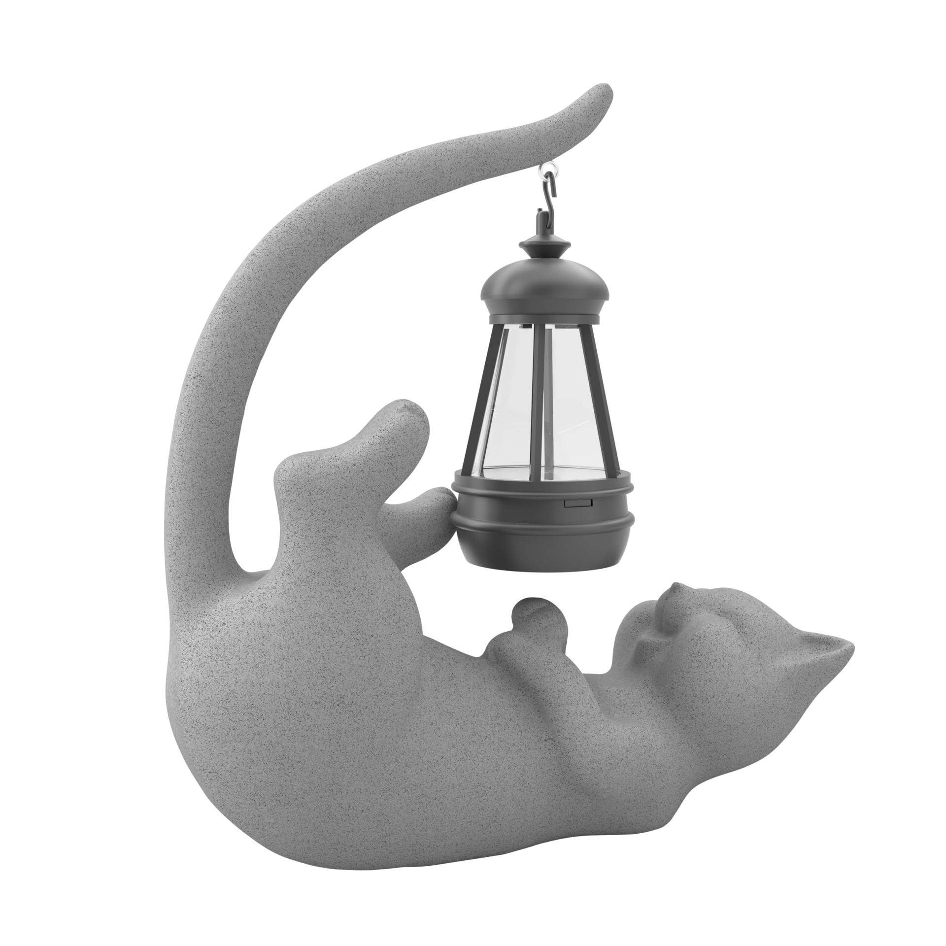 Solar Powered Garden Statue Light 10 Inch Waterproof Outdoor Cat Figurine for Patio, Lawn & Balcony - Grey Lying