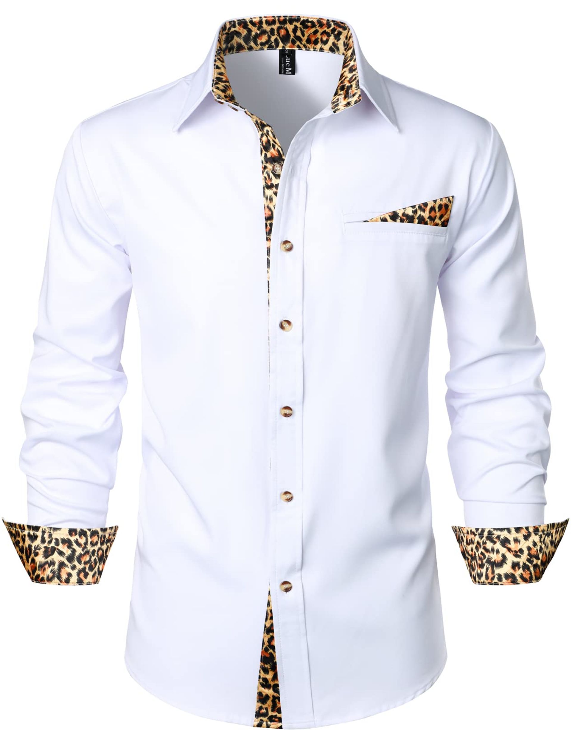 Men's Hipster Long Sleeve Button Down Shirt Leopard Print Patchwork Clubwear - White S