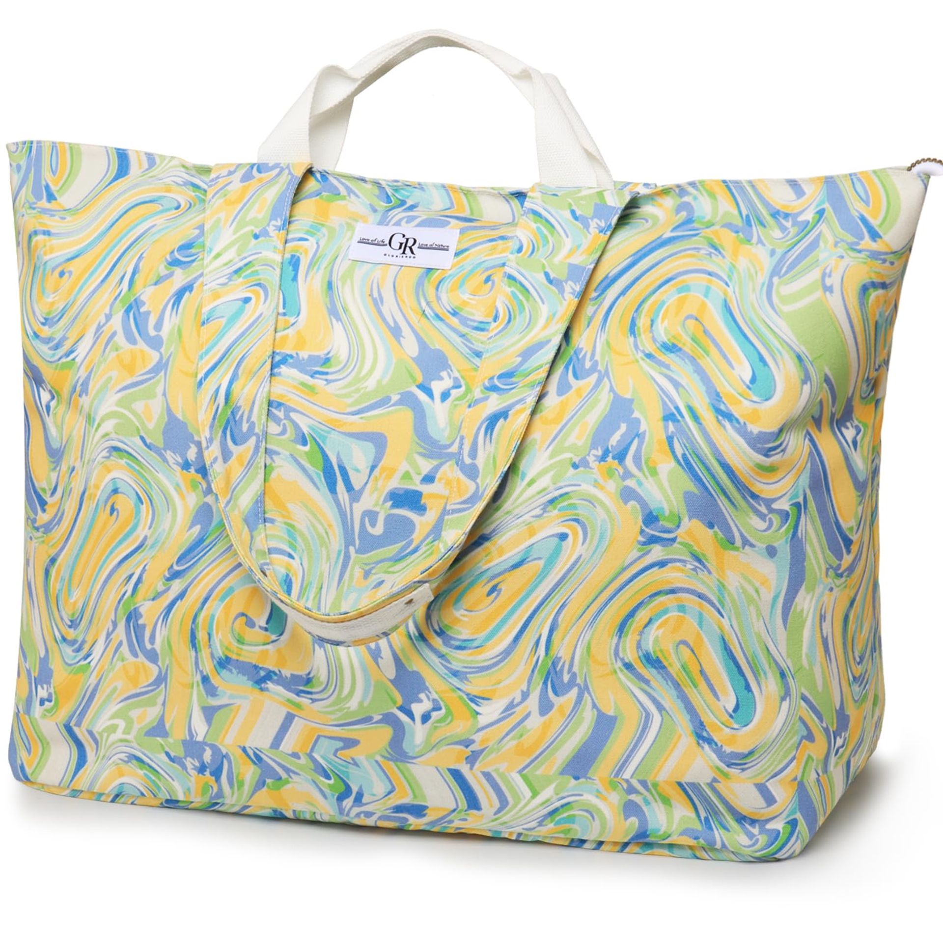 Extra Large Waterproof Sandproof Beach Tote Bag with 5 Pockets - Oversized Carryall for Women, Oil Painting Camo Swirls Design