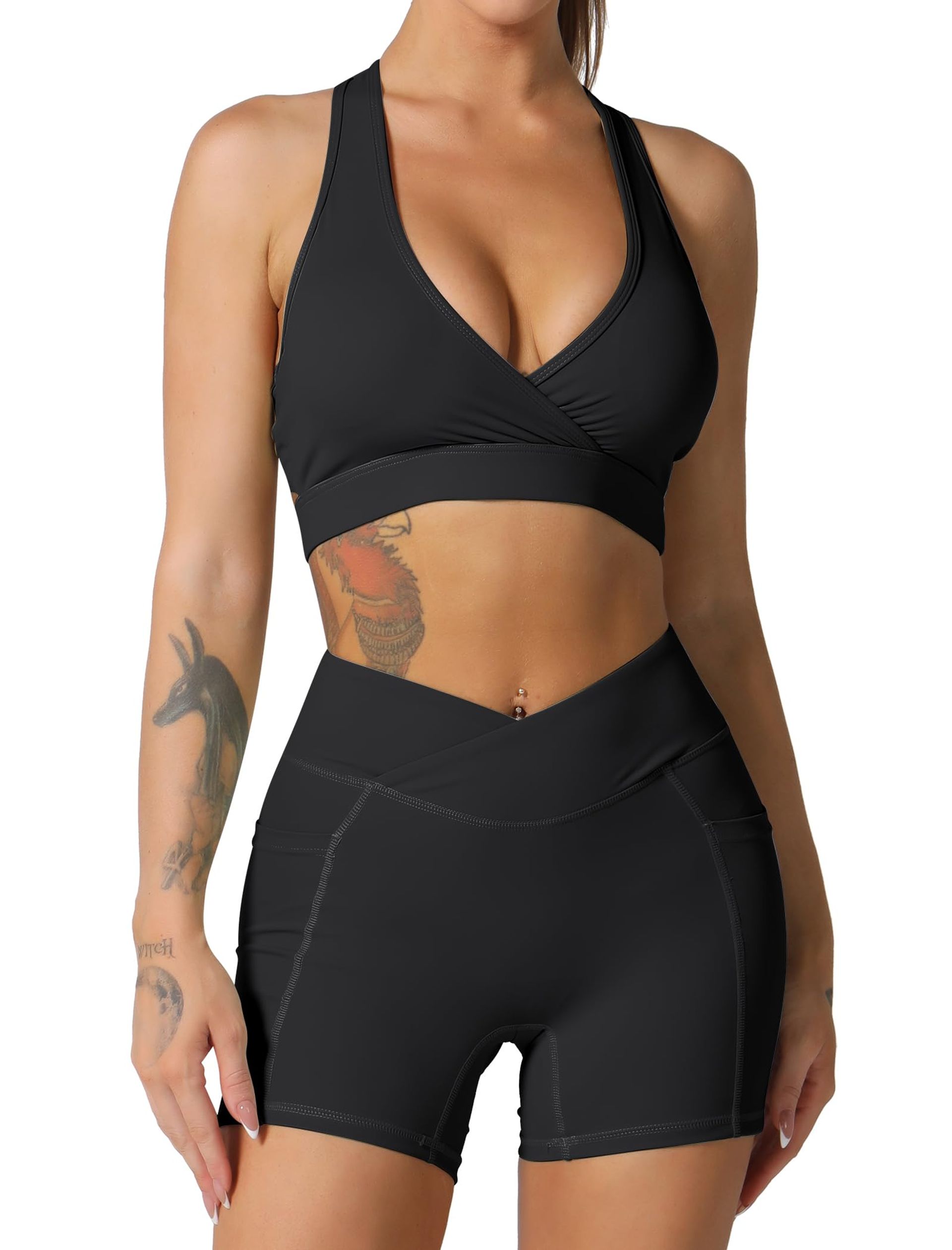 Women's 2 Piece Yoga Outfit with Removable Padded Sports Bra & High Waist Shorts - Black L