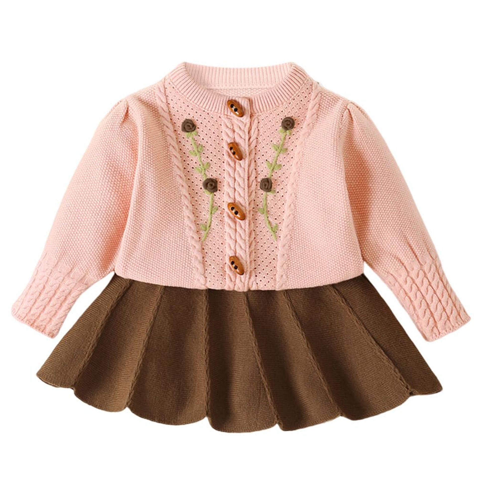 Girls Knitted Two-Piece Outfit Long Sleeve Embroidered Cardigan & Pleated Skirt - Pink B 130cm