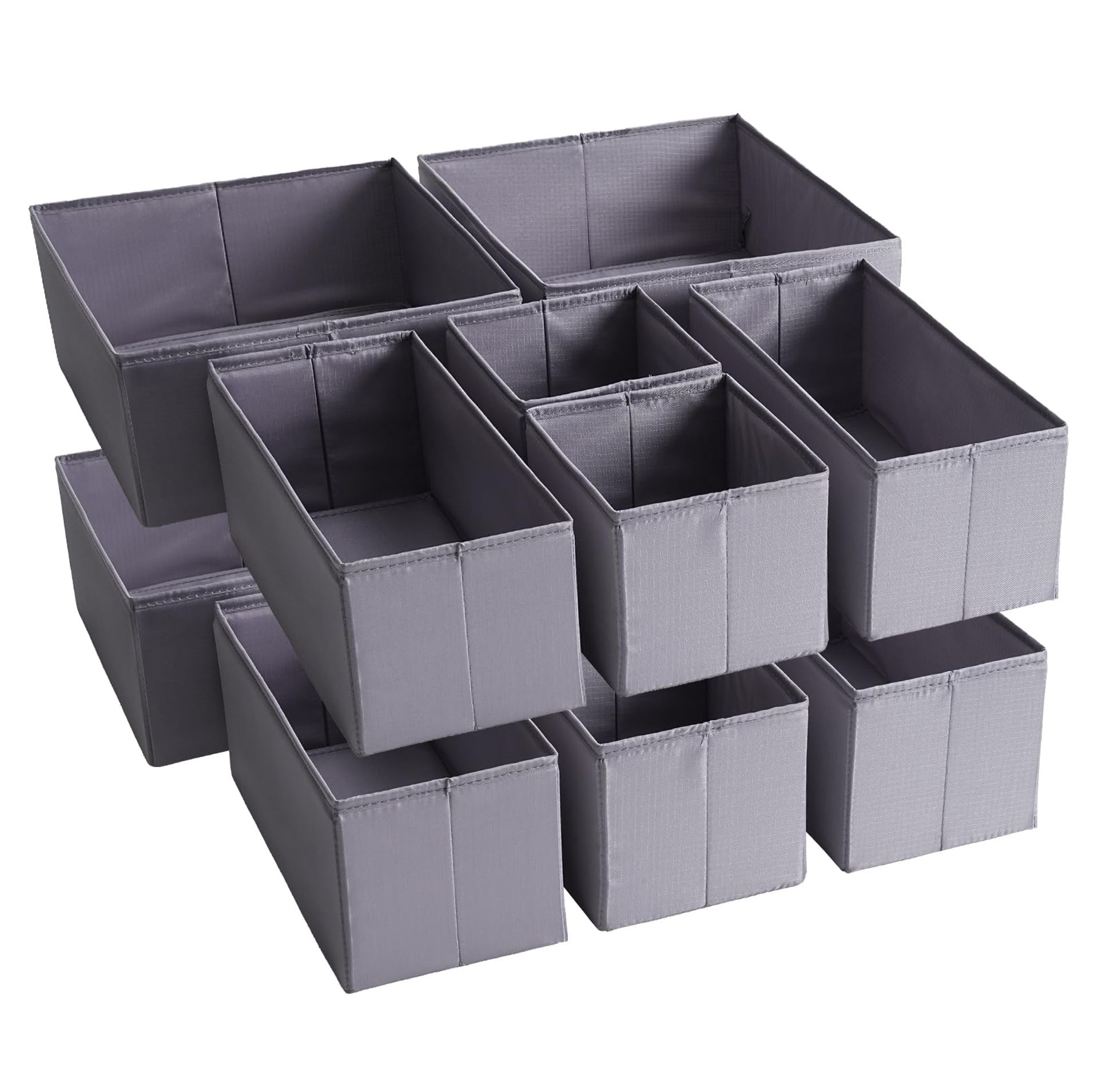 Drawer Organisers Set of 12 Fabric Storage Boxes with Base Support Boards for Wardrobe, Bathroom or Dresser - Dark Grey S+M+L