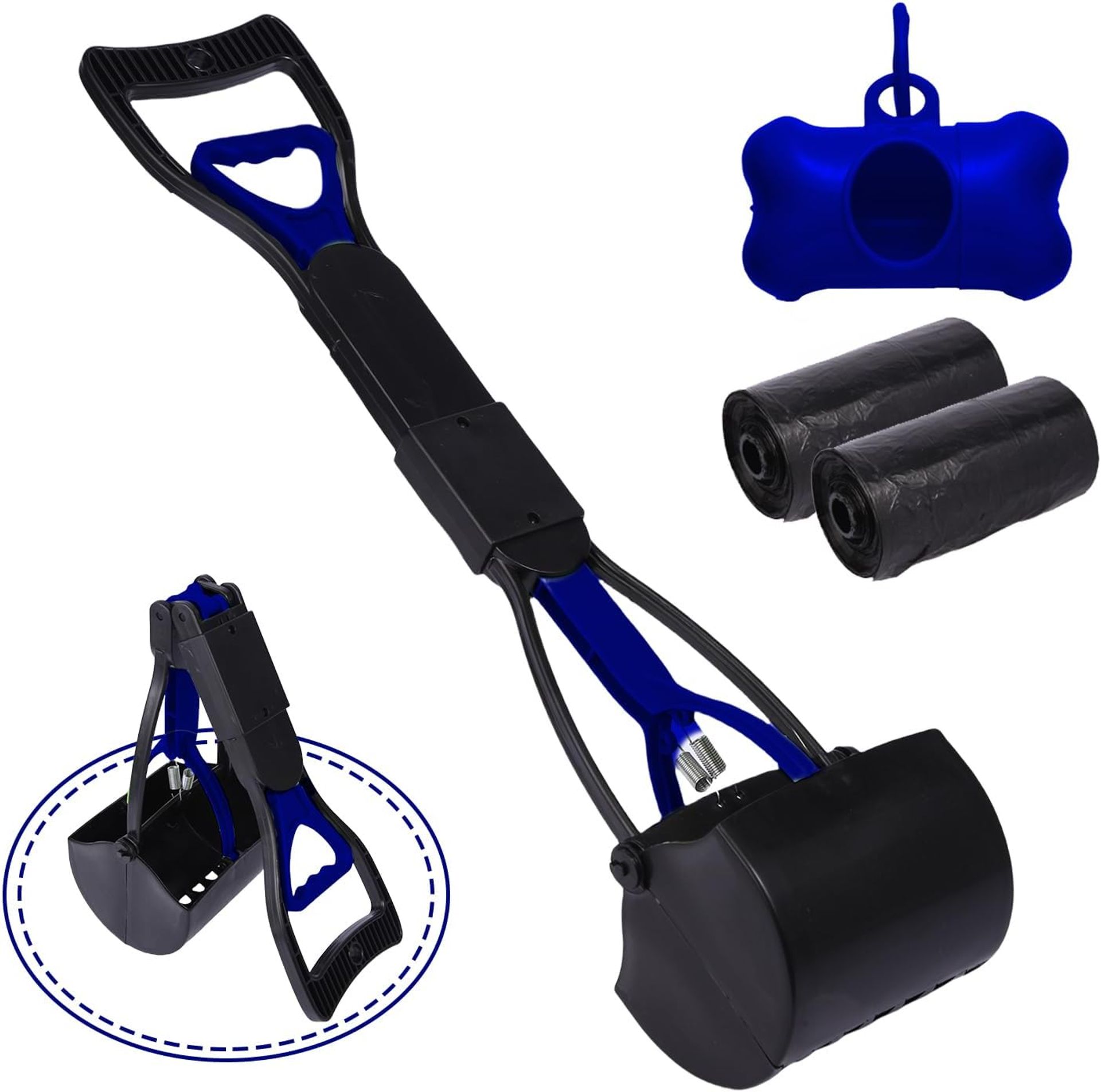 Long Handle Pet Pooper Scooper 70cm with Bags & Storage Box | Durable Spring Design for Easy Dog & Cat Waste Pick-Up on Grass & Gravel