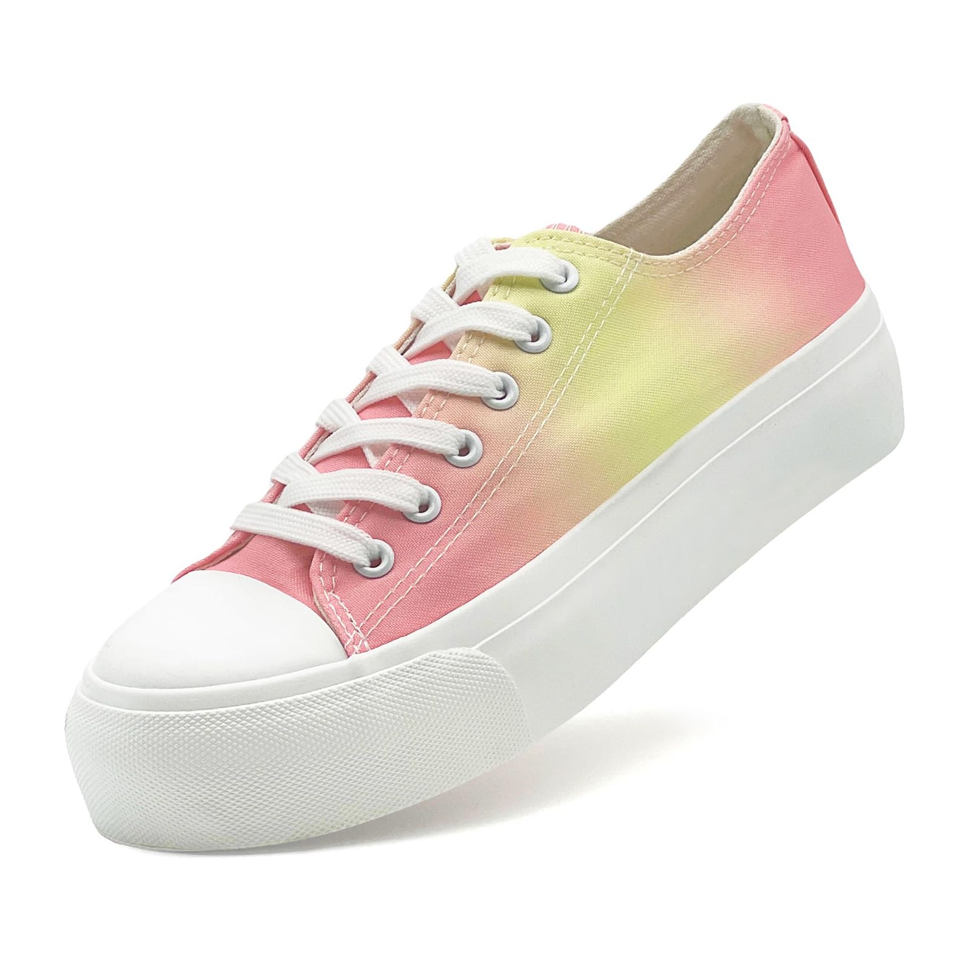 Ladies Canvas Platform Trainers Lace Up Plimsolls Fashion Sneakers Low Top Casual Shoes - Pink Yellow