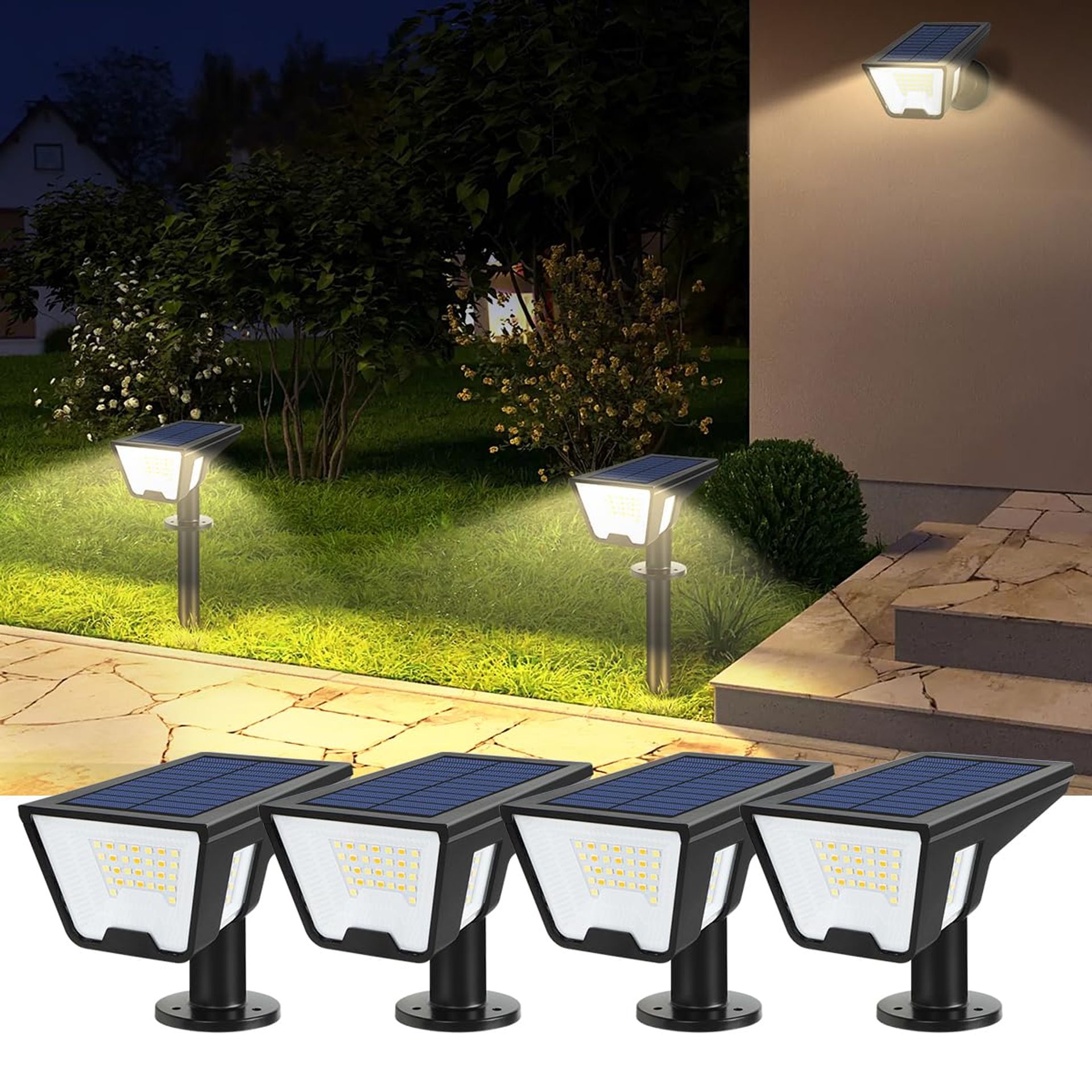Solar Spot Lights Outdoor Garden IP68 Waterproof 3-Colour Temperature 2 Mounting Options - Solar Spot Lights 4 Pcs