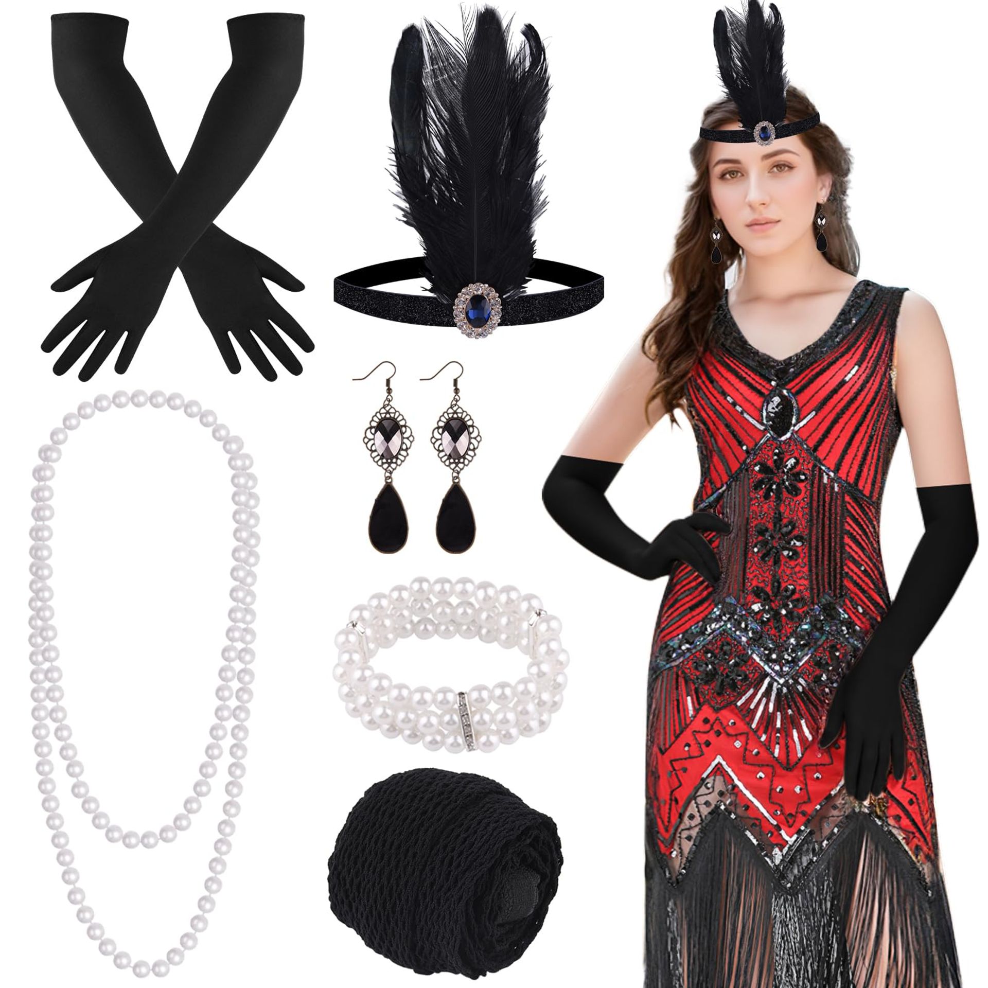 1920s V Neck Sequin Beaded Fringed Flapper Dress with Accessories Set - Red L Style 4