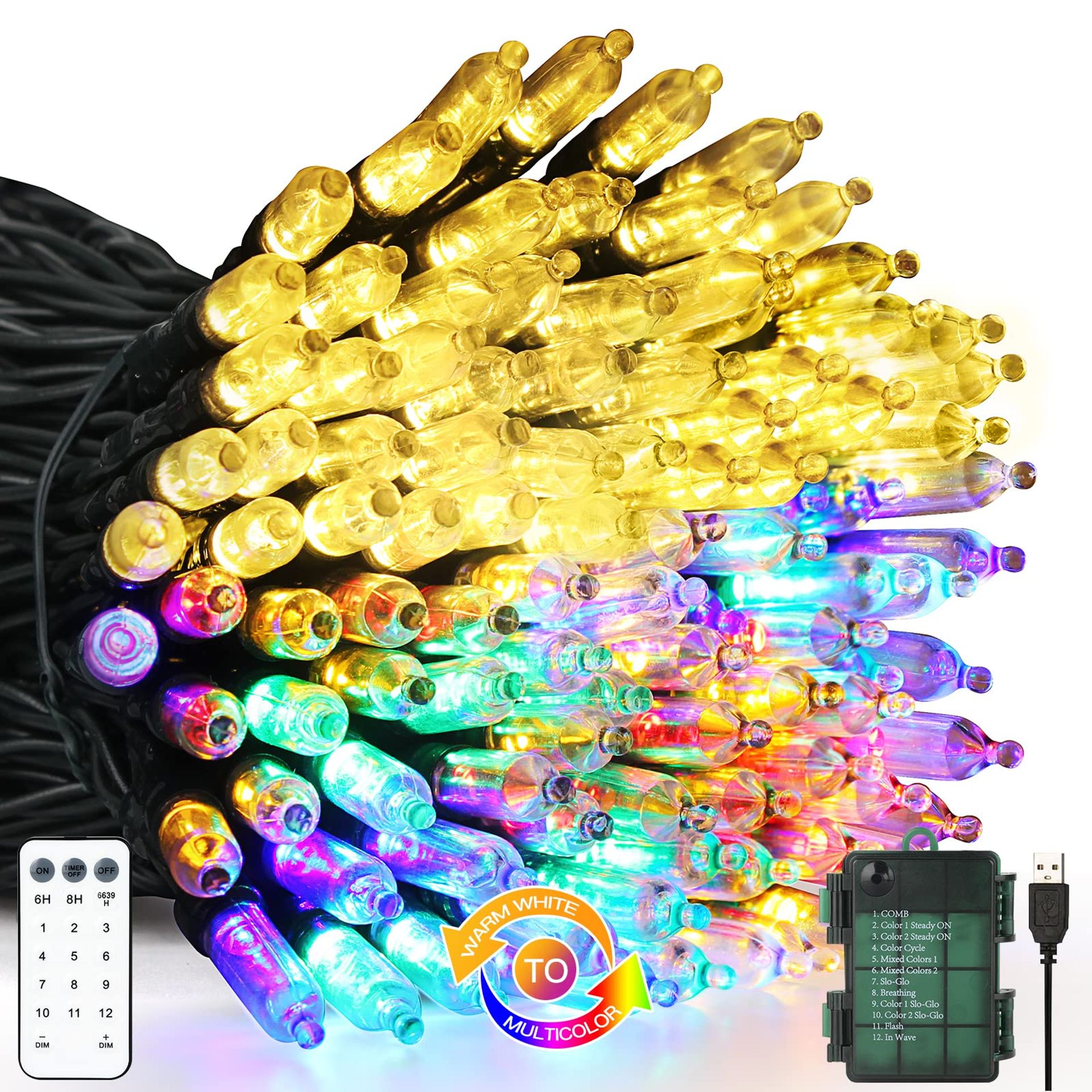 WUJUN Christmas Lights 33ft 100 LED Battery String Lights with Timer&Memory Function & 8 Modes,USB or Battery Powered Waterproof String Lights for Christmas Decoration (Warm White & Multicolour)