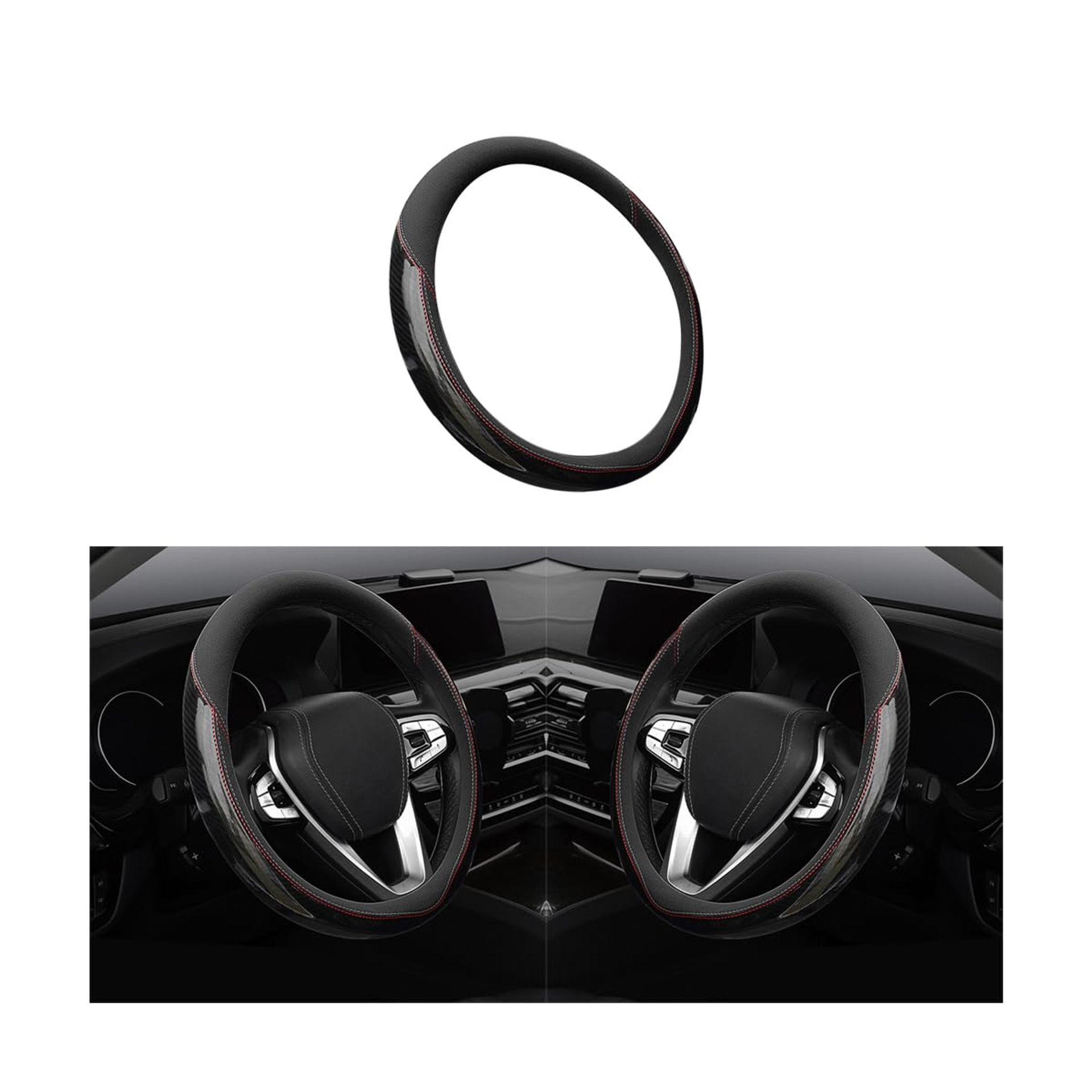 Universal Carbon Fibre Car Steering Wheel Cover, Non-Slip Breathable Design with Elastic Fit for Year-Round Comfort - Black Grey Stitching
