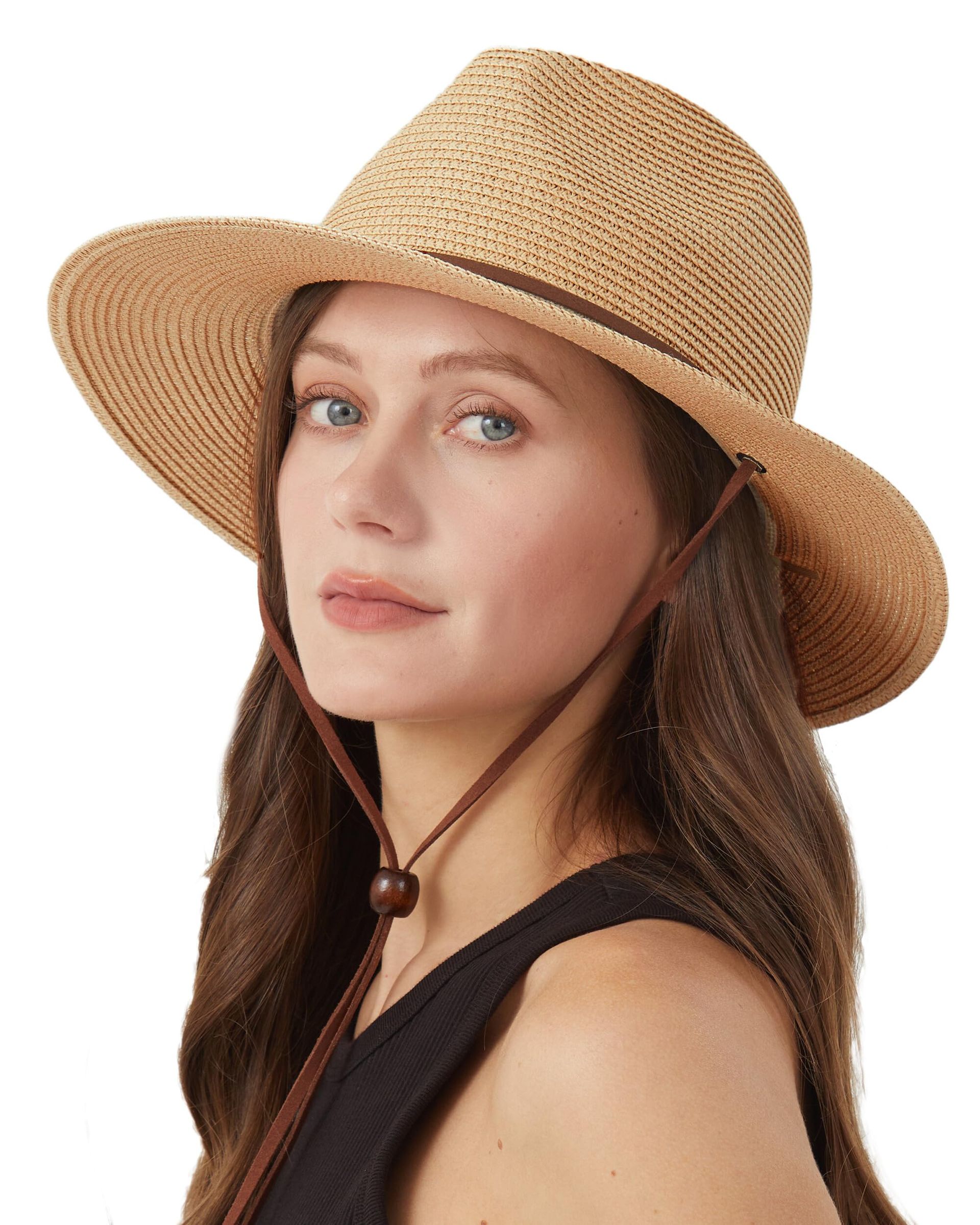 Women's Straw Fedora Sun Hat Wide Brim UV Protection with Chin Strap for Small Heads Summer Beach Holiday Style - Strap-Khaki S