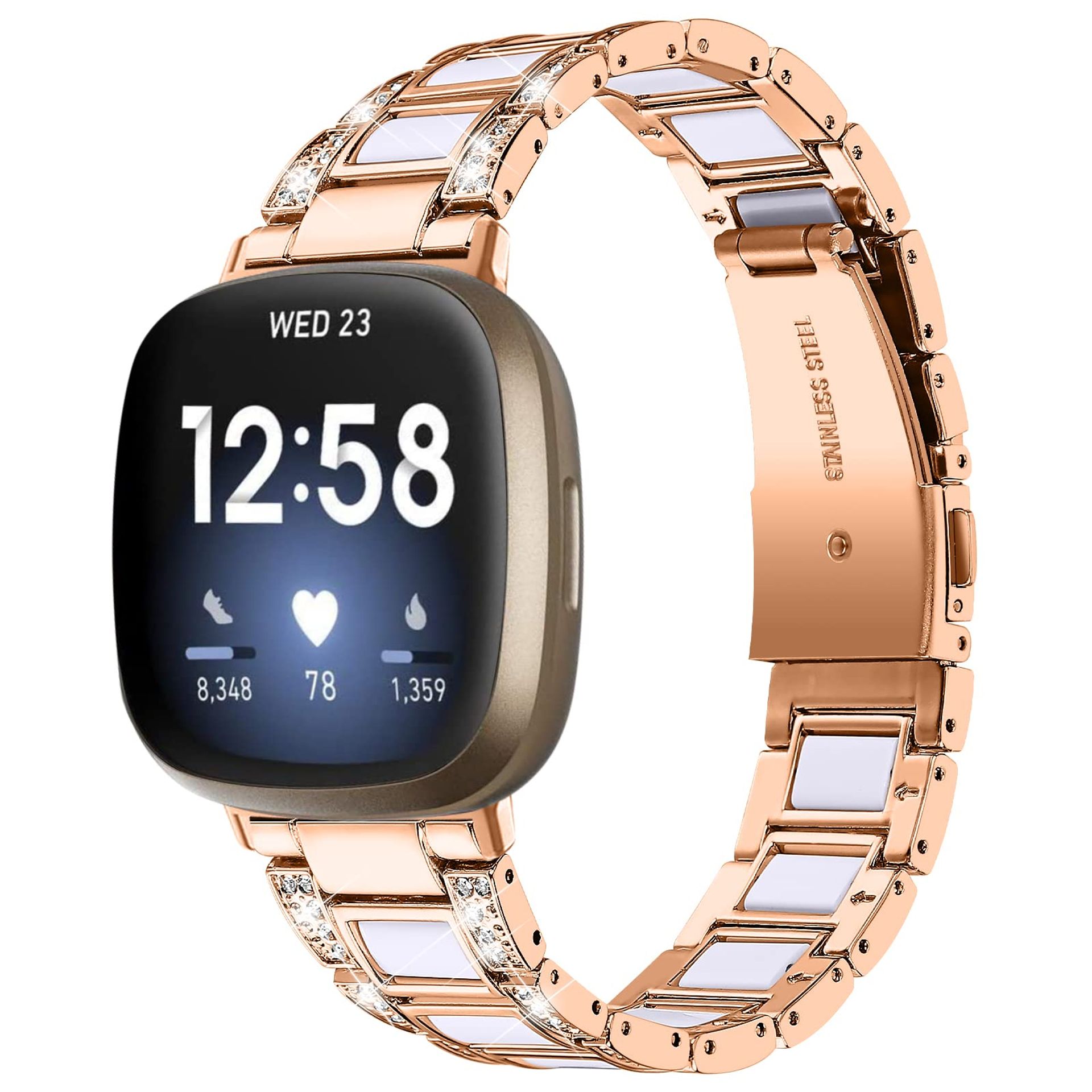 Stainless Steel & Resin Strap Compatible with Fitbit Versa 4/3 & Sense 2 - Adjustable Bling Replacement Wristband for Women & Men