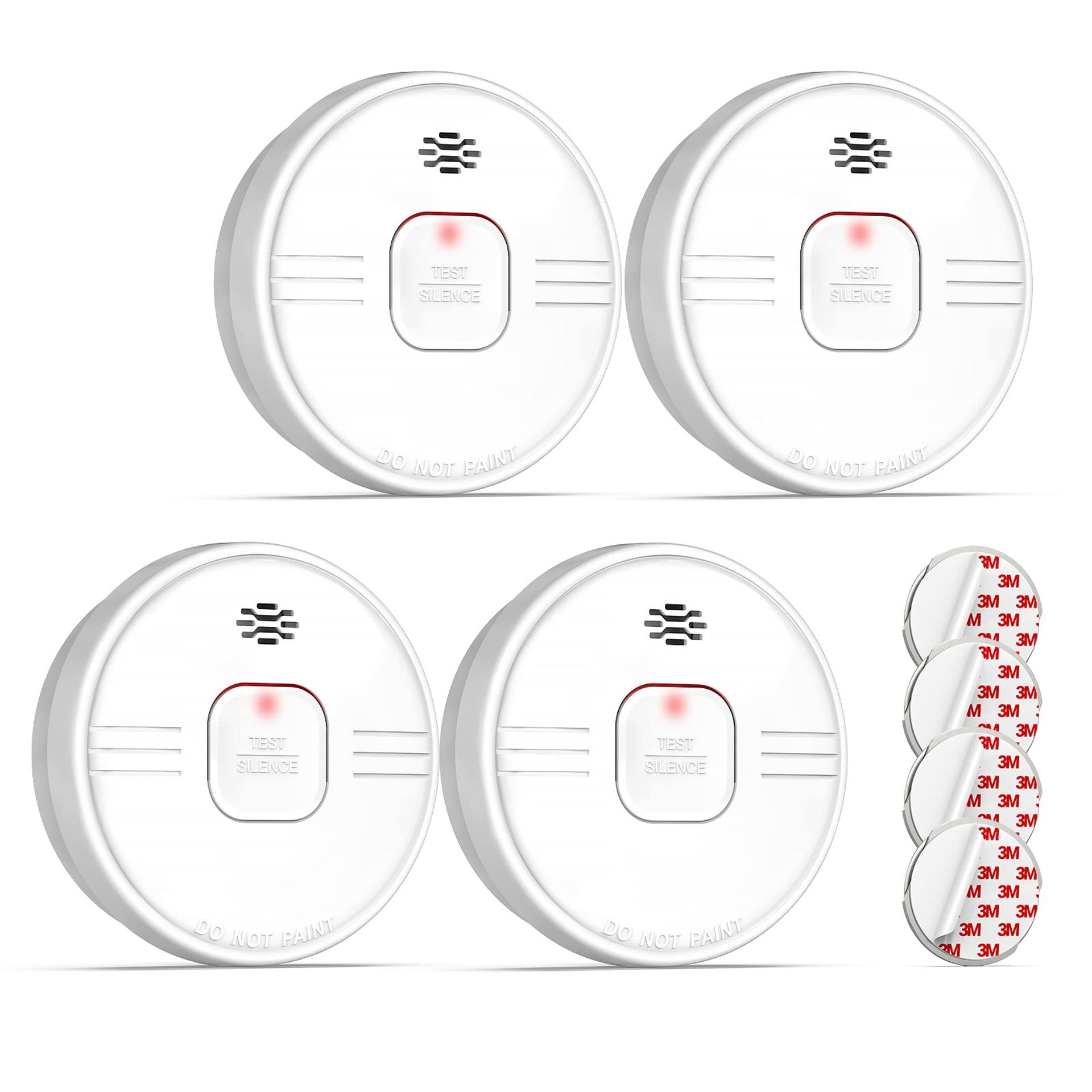 Smoke Alarm 10-Year Battery Fire Detector with Test Button EN14604 Certified Home Safety - White 4 pcs