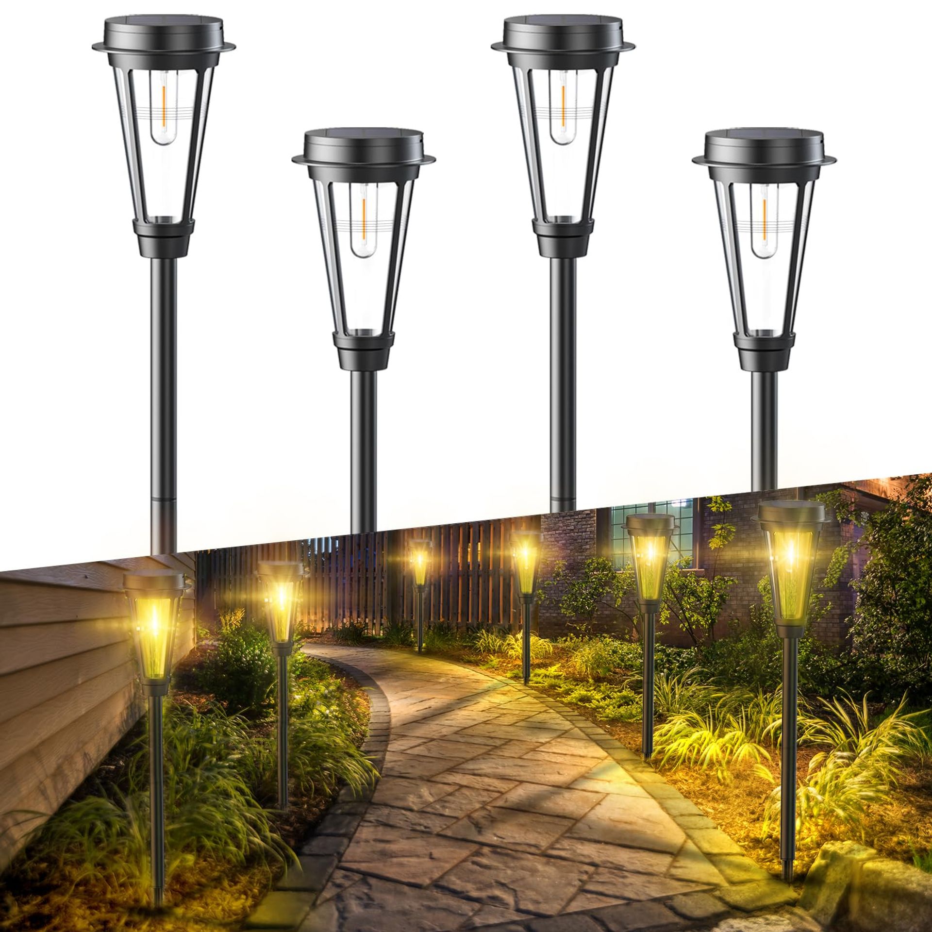 Solar Pathway Lights Outdoor Garden 4 Pack - IP64 Waterproof, Auto On/Off, Warm White for Yard & Patio