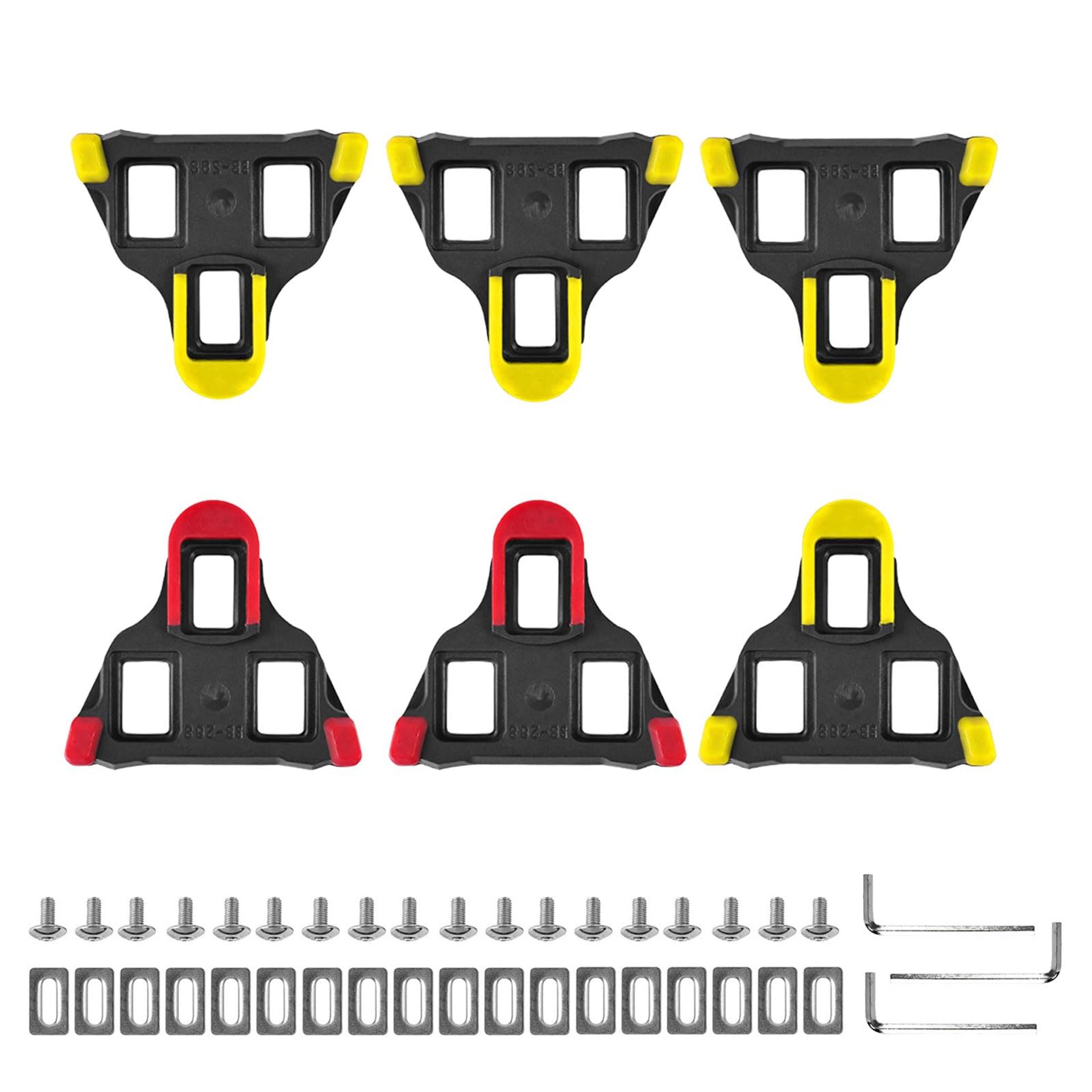 Cycling SPD Cleats Set for Indoor & MTB Bikes - Anti-Slip, Adjustable, 6° Float, 6-Piece Set - Yellow & Red