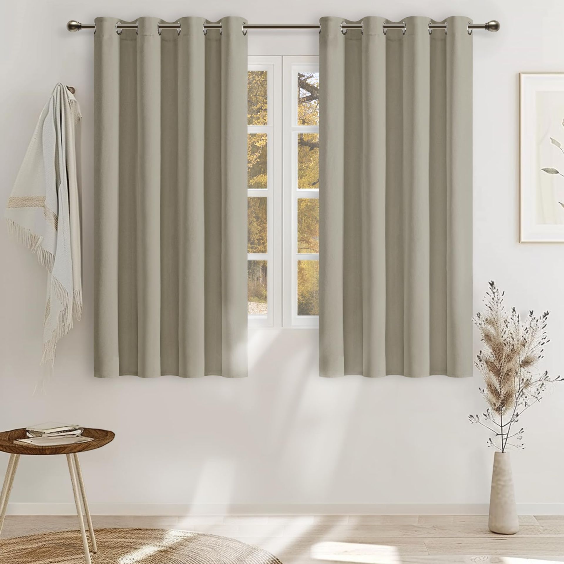 100% Blackout Linen Look Curtains with Thermal Insulation, Eyelet Design, 2 Panels 132x160cm for Bedroom or Living Room