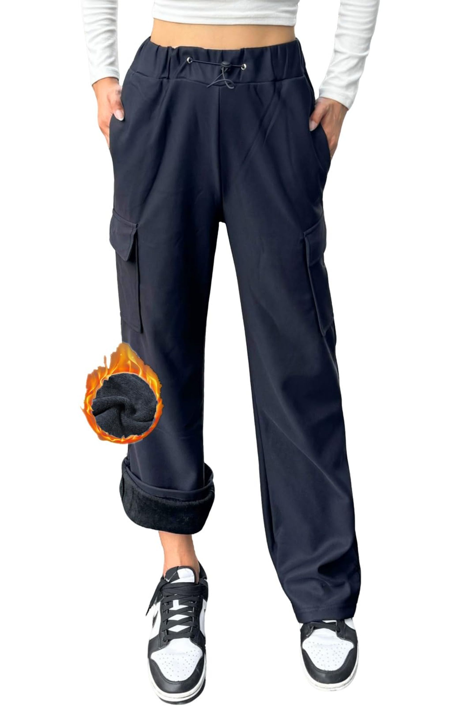 Women's Fleece Lined Cargo Trousers Warm Straight Leg Jogging Pants Elasticated Waist - Black Size 16 Long