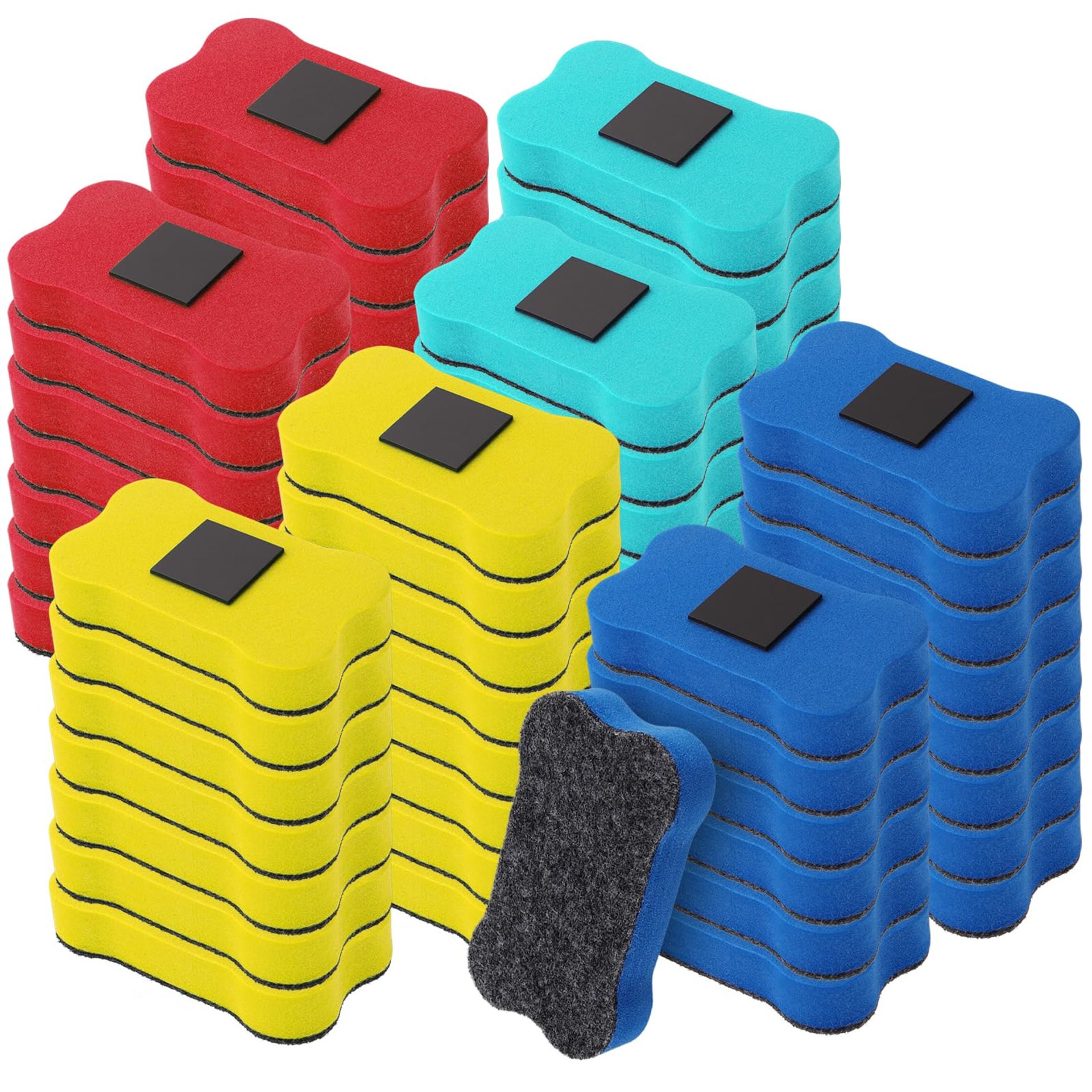 60 PCS Bone Shaped Mini Whiteboard Erasers Magnetic Felt Sponge Set for Classroom, Office and Home - Mixed Colour 7x4cm