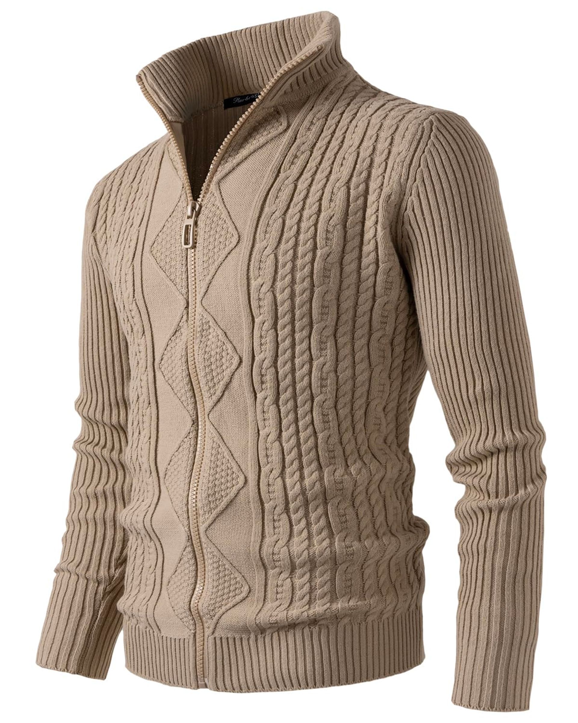 Men's Cable Knit Cardigan Stand Collar Full Zip Slim Fit Winter Jumper - Beige XXL