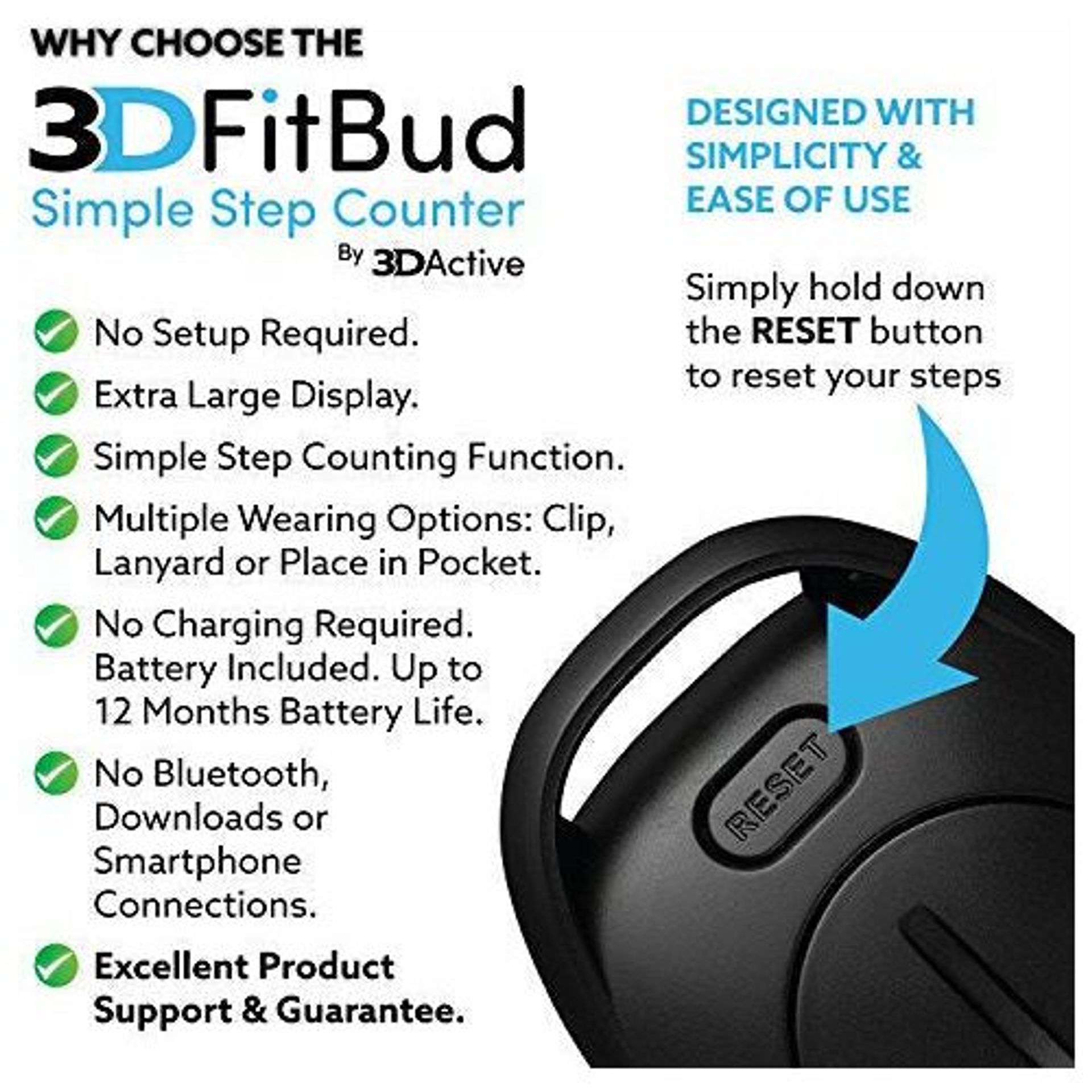 3DActive 3DFitBud Eenvoudige stappenteller wandelen 3D stappenteller met clip en lanyard, A420S (Pruim