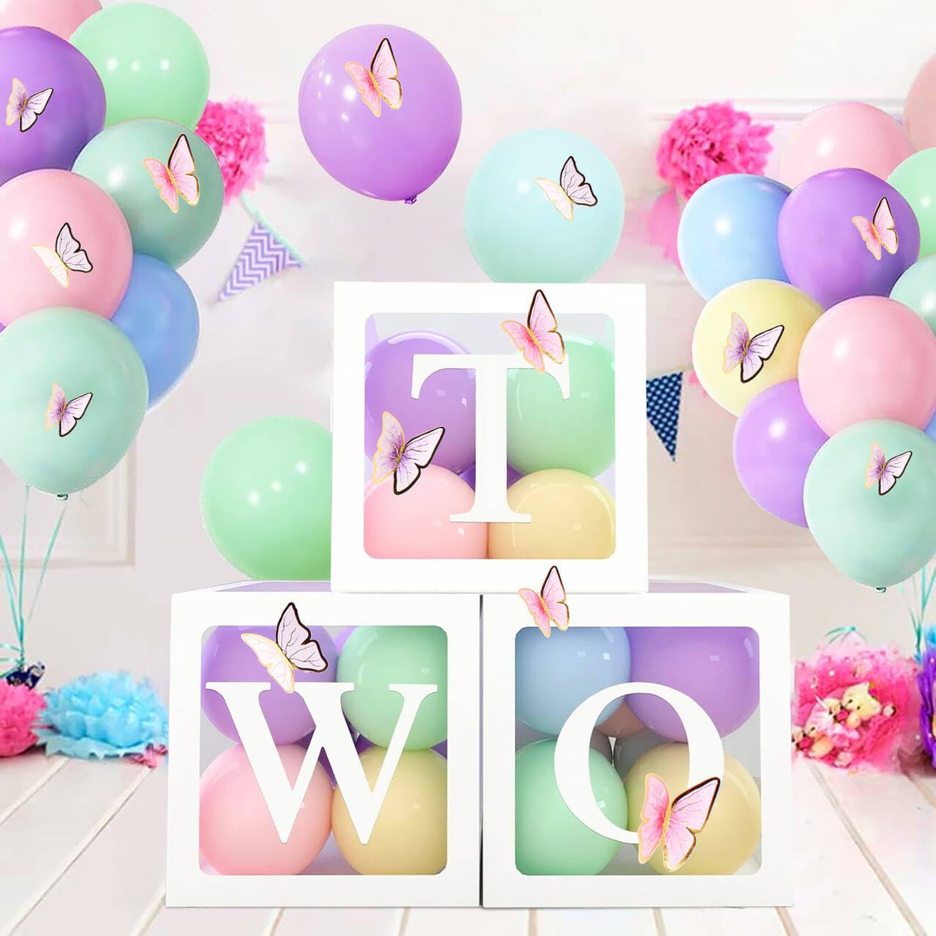 3Pcs Balloon Boxes for Girls - 2nd Birthday & Baby Shower Decorations with Pastel Balloons & Butterfly Accents