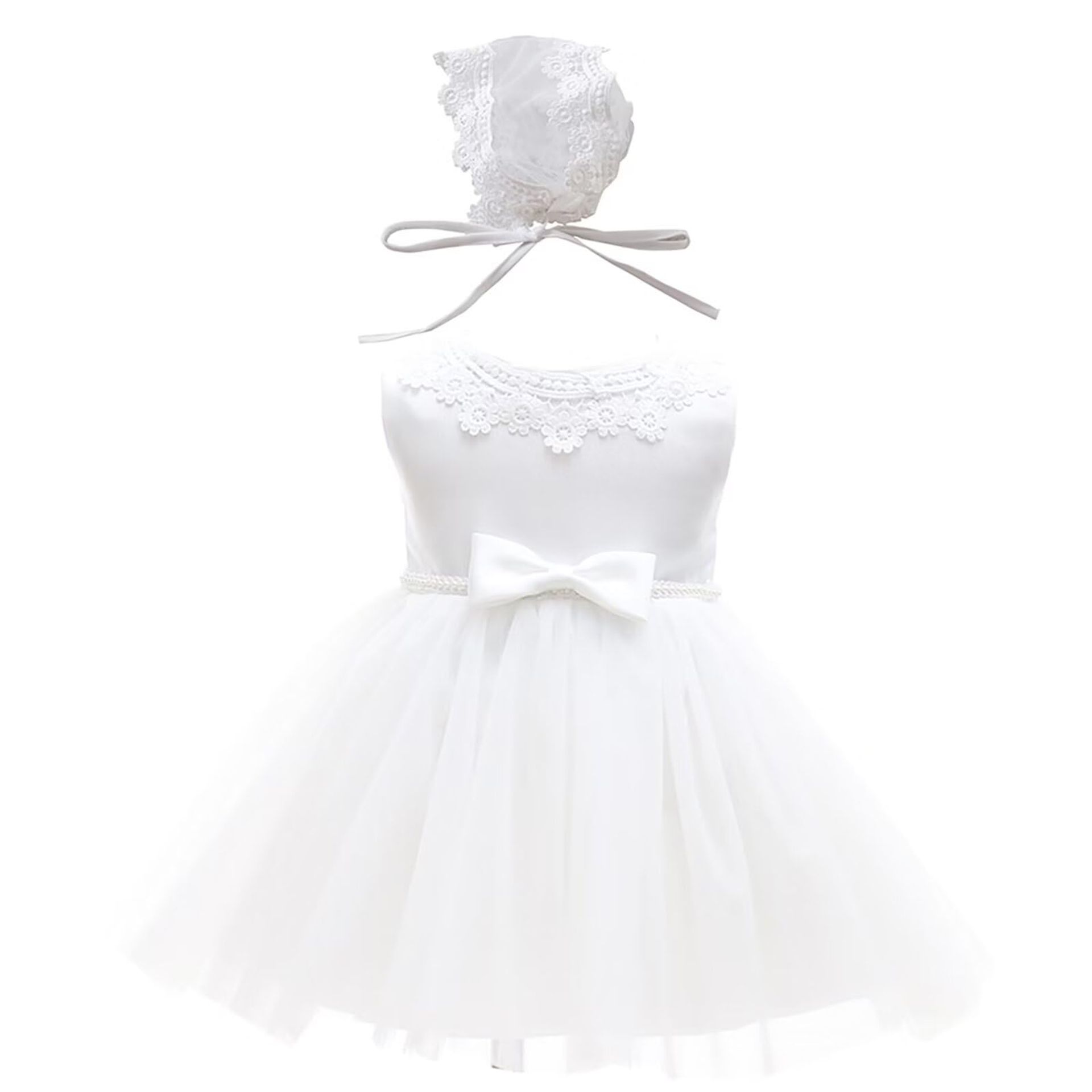 Baby Girls Christening Baptism Dress Lace Gown with Bonnet Set - White 18-24 Months
