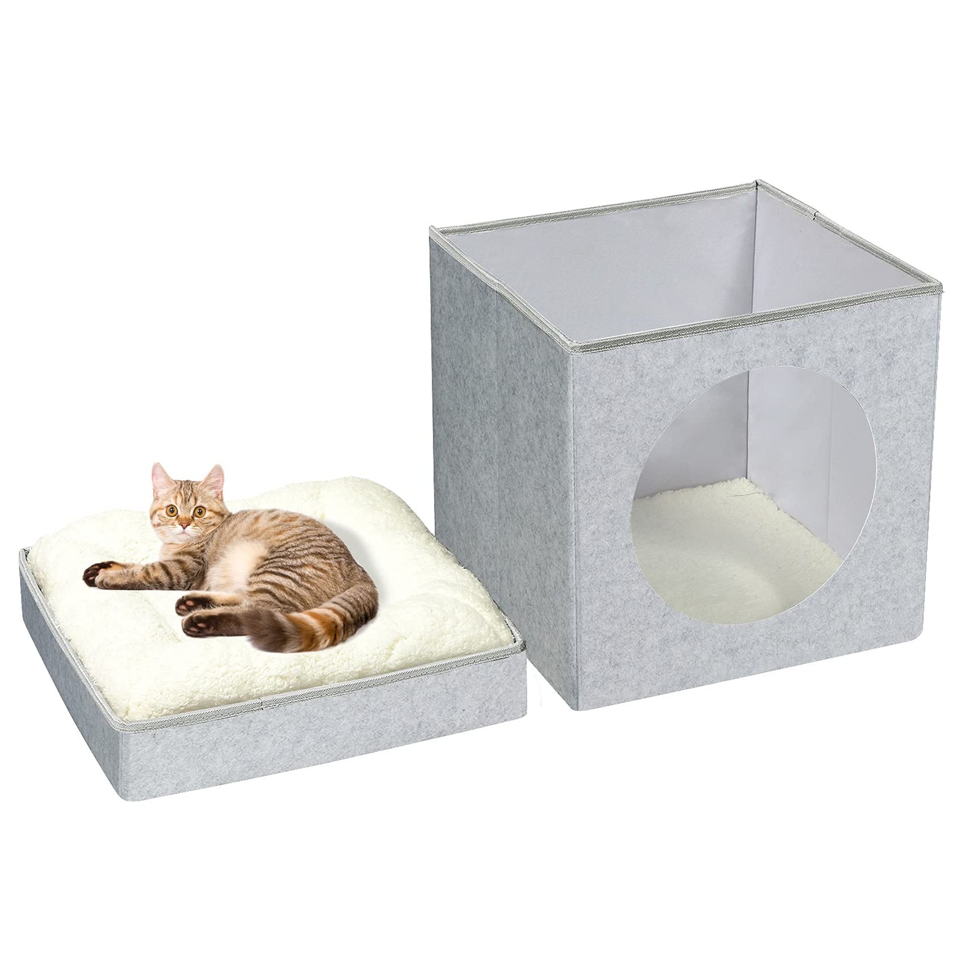 Large Cat Bed Felt Tent Semi-Enclosed Foldable Hideaway with Dual Cushions - Light Grey L