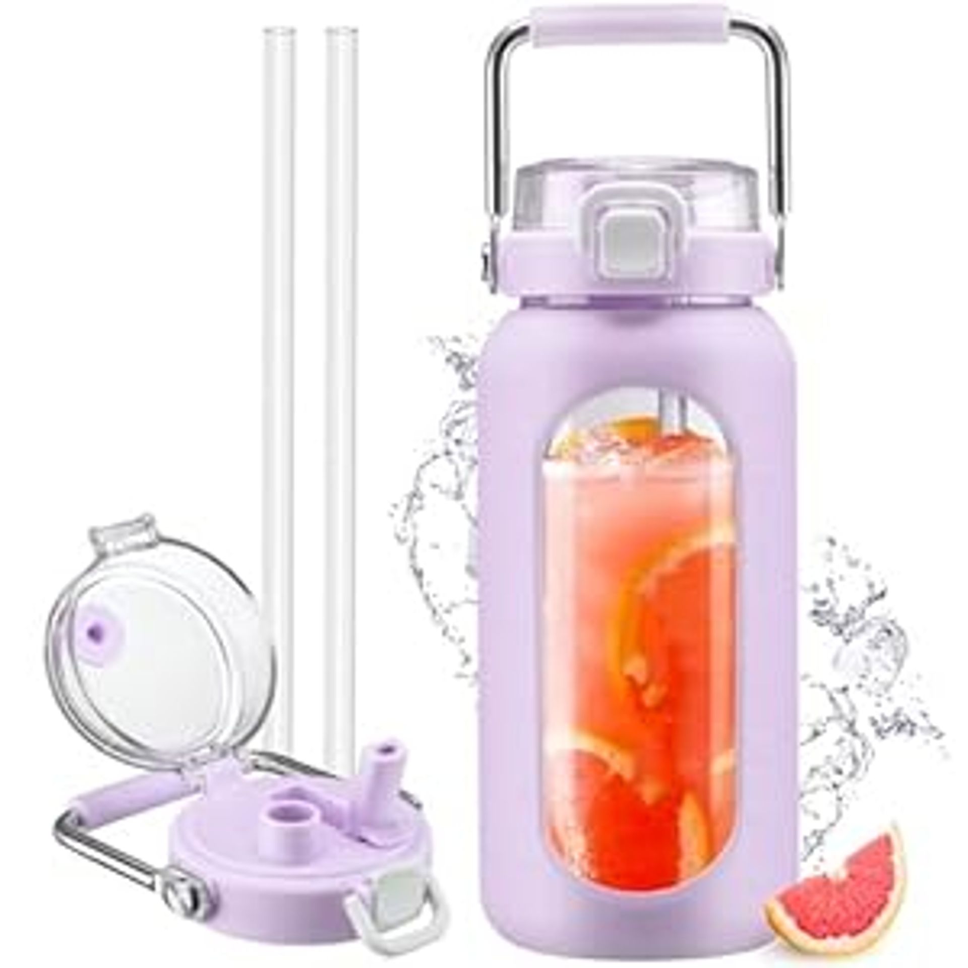 Glass Water Bottle 1.8L with Straw, Time Marker, Silicone Sleeve & Leakproof Spout - Purple 1800ml