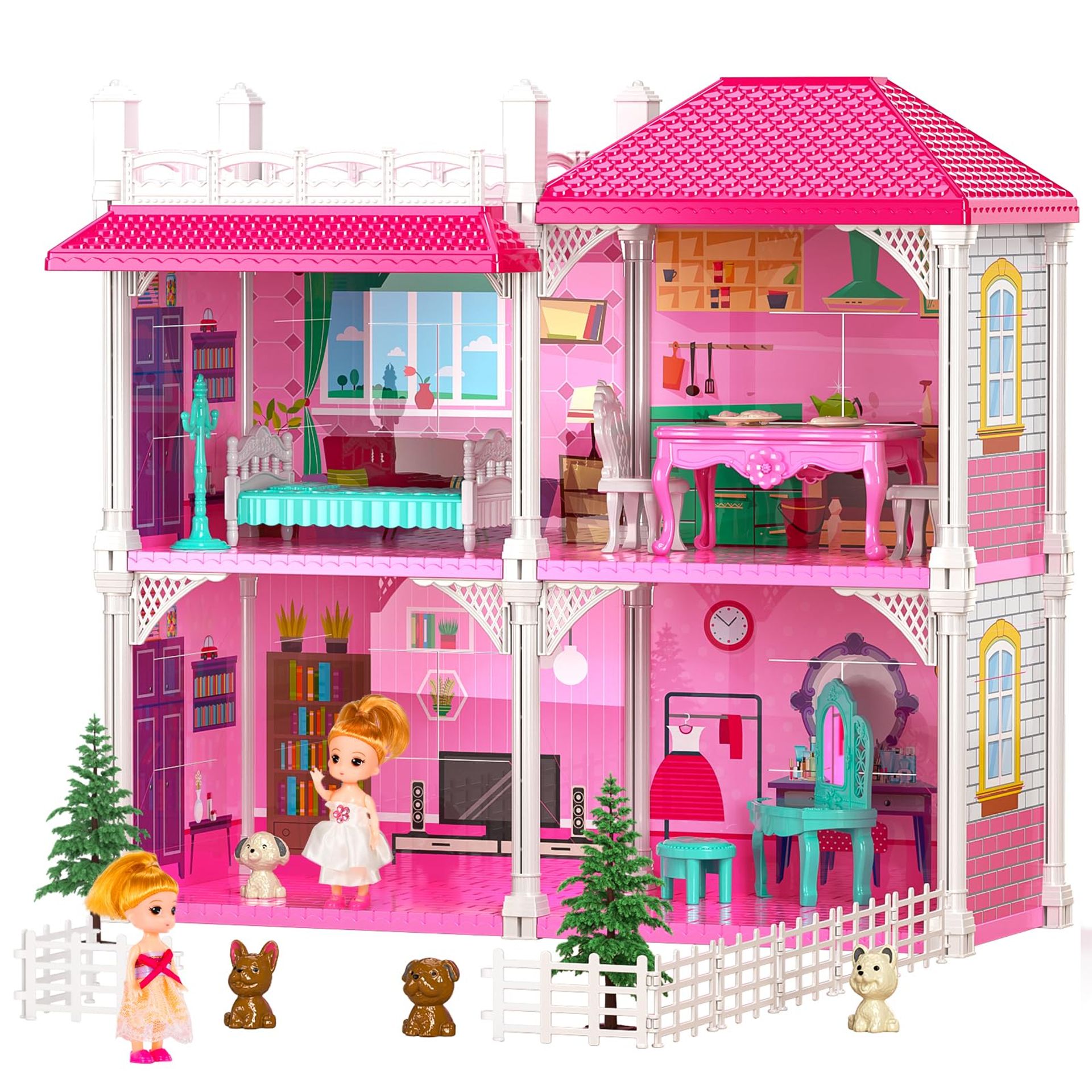 Luxury Dollhouse Playset for Girls - 2-Storey 4-Room Villa with Dolls, Furniture & Accessories, Creative Pretend Play for Ages 3-8