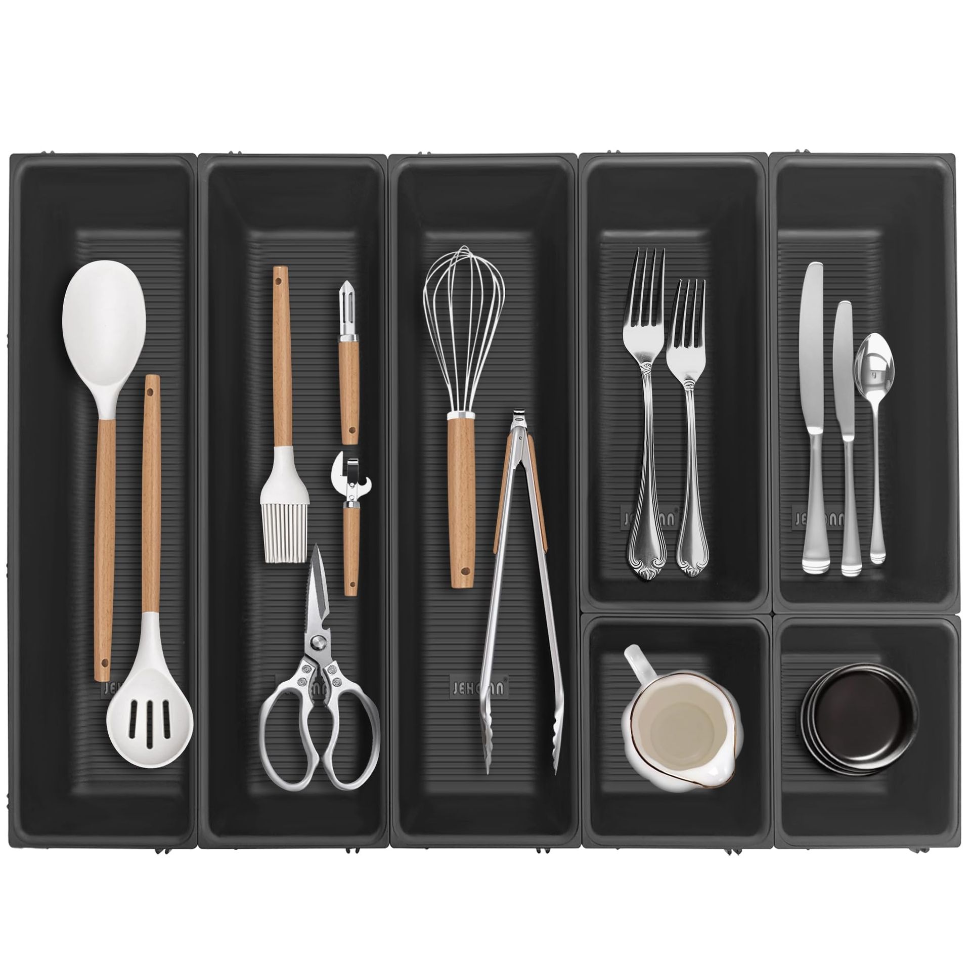 Adjustable Cutlery Drawer Organiser with 7 Compartments, Space-Saving Kitchen Utensil Tray - Black