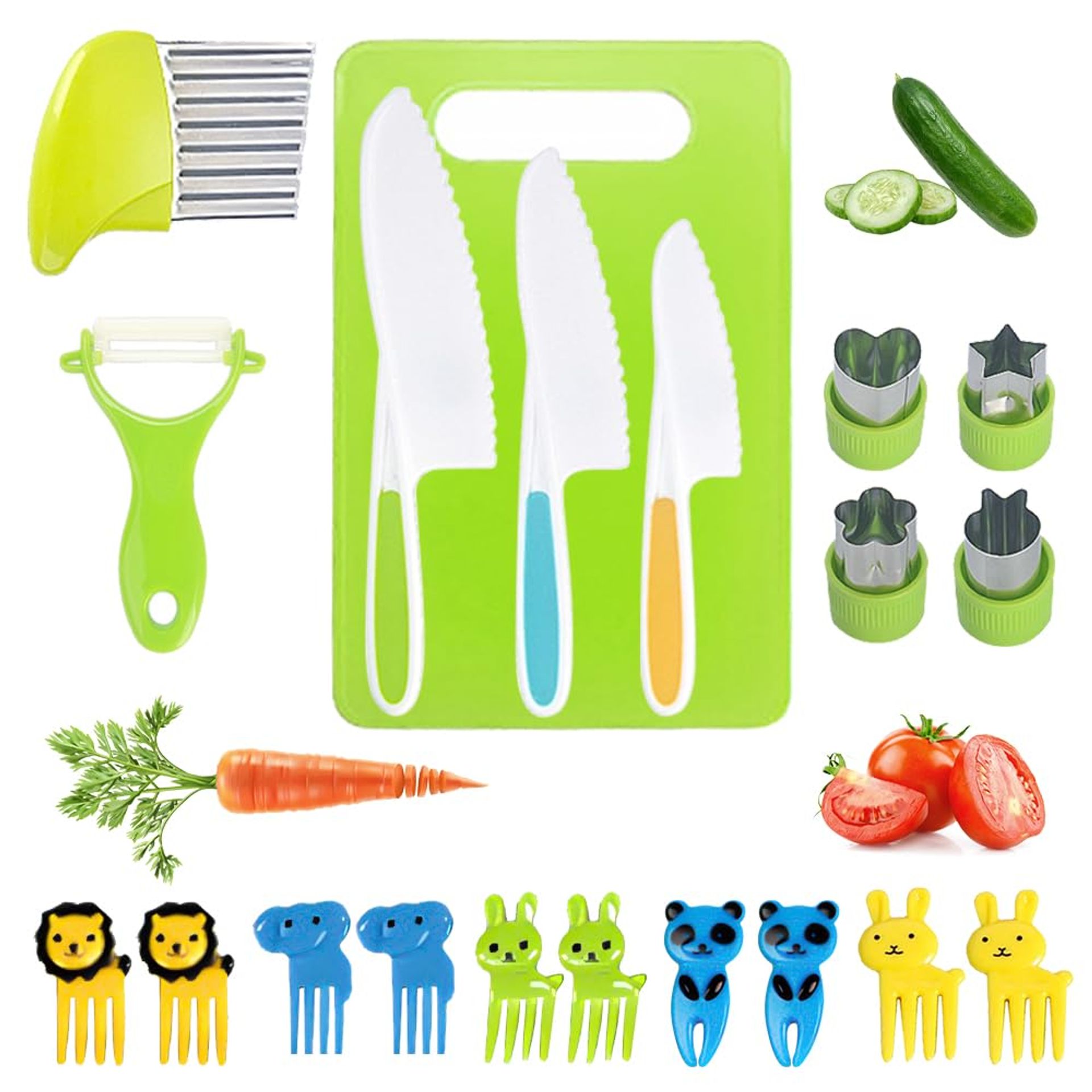 NIHESIM 20 PCS Kids Knife Set for Chopping,Kids Cooking Set,Toddler Knife Set wtih Cutting Board,Mini Chef Knife Set for Kids,Plastic Cooking Knife,Safety Knives for Children,Childrens Cooking Set