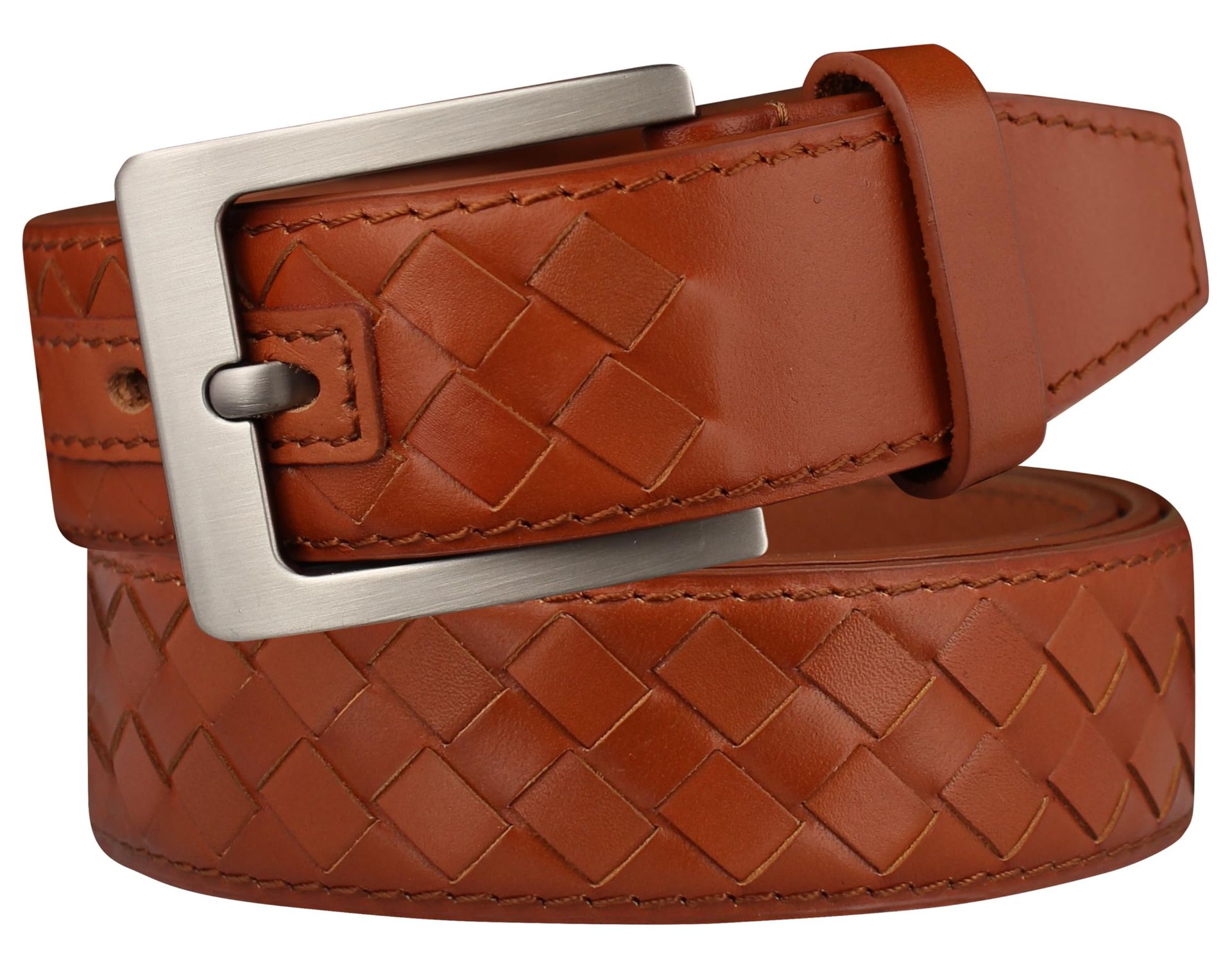 Men's Top-Grain Cowhide Leather Woven Braided Belt for Jeans & Dress Pants - Brown, Size 120