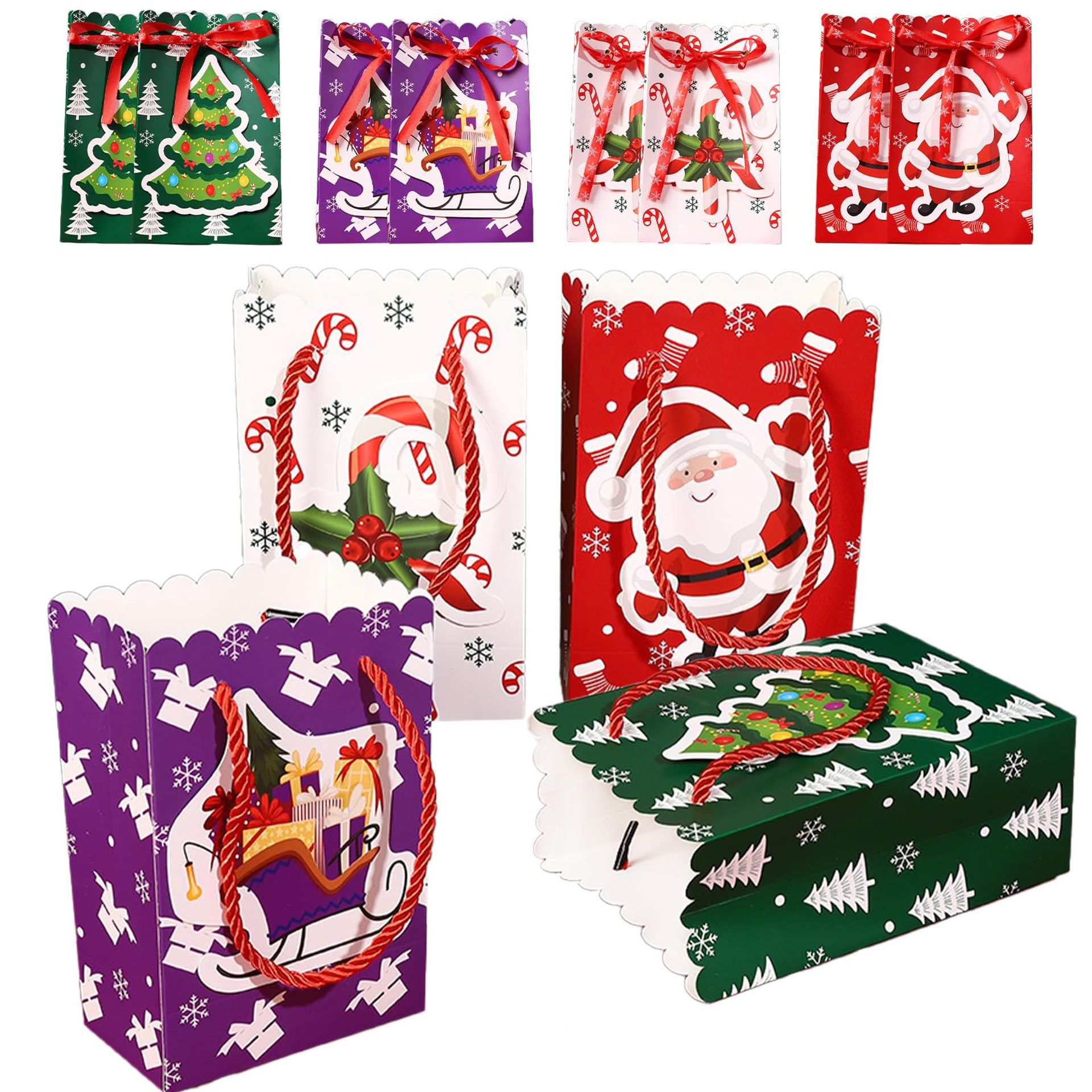 MORAINJAY 24pcs Christmas Kraft Paper Gift Bags with Handles, 15x8x21cm Christmas Party Bags for Gift,4 Patterns Christmas Sweets Bags Xmas Candy Treats Presents Bags,Christmas Advent Bags for Kids