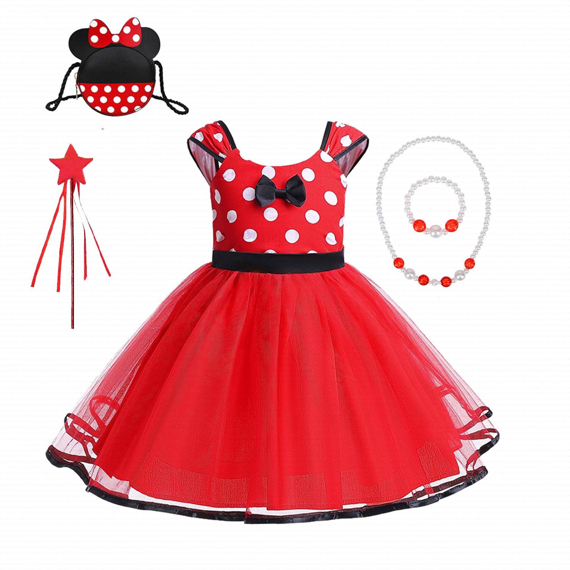 Girls Princess Fancy Dress Outfit with Mouse Ears Bag and Jewellery Set - Red 110