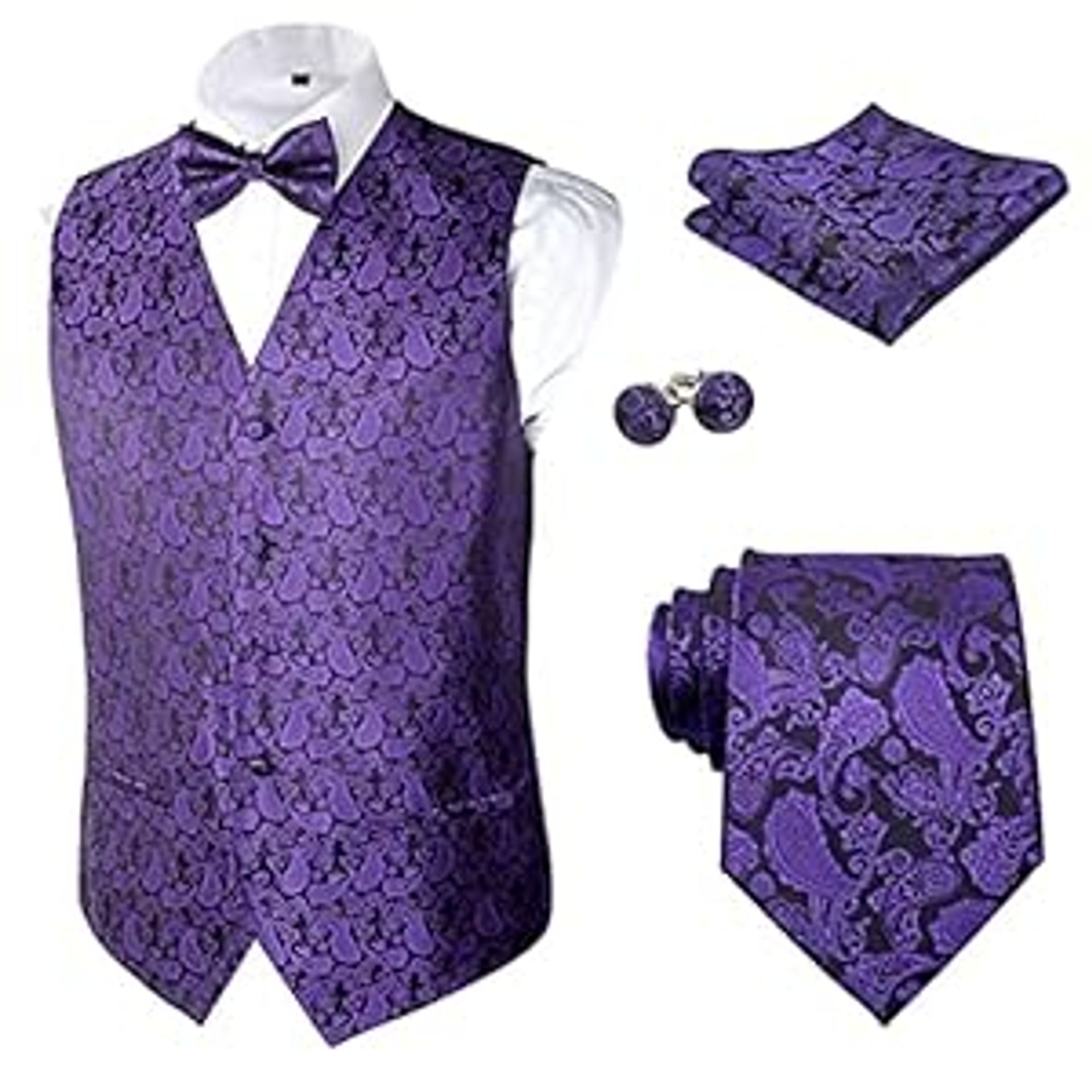 Men's 5 Piece Paisley Jacquard Suit Waistcoat Set with Accessories - Dark Purple 3XL