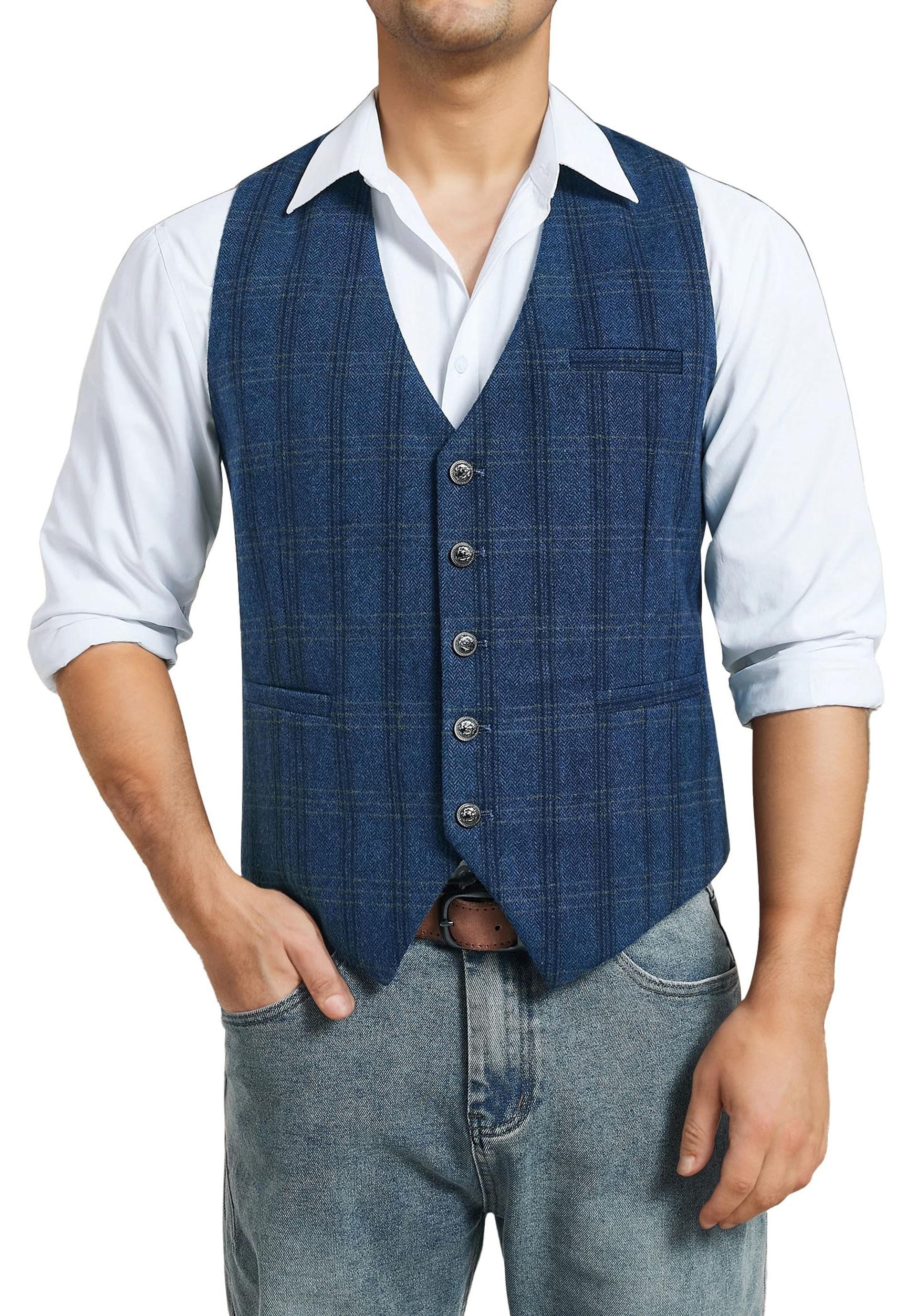 Men's Vintage Check Tweed Waistcoat Formal Regular Fit Wool Blend Plaid - Blue XS