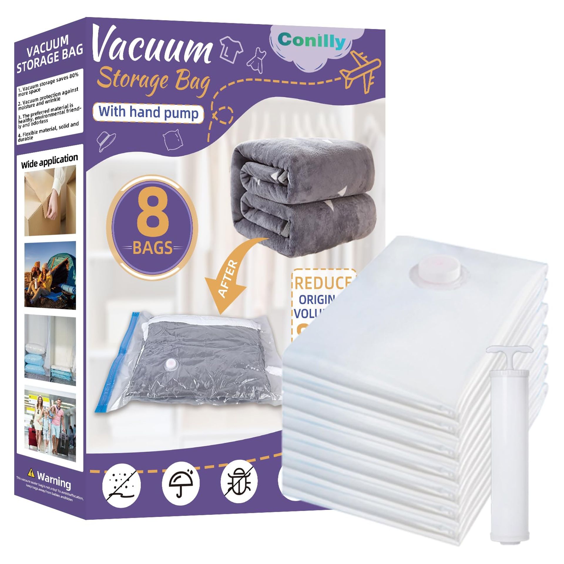 Conilly Vacuum Storage Bags, 8 Pack - Large 80x60cm, Save 80% Space, Travel & Home Storage Solution