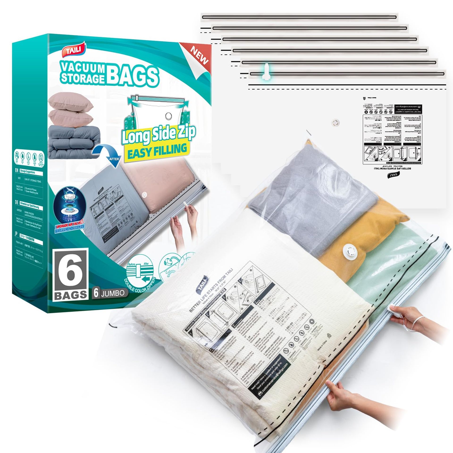 Vacuum Storage Bags 6 Pack Extra Large 100x70cm with Long Side Zip – Reusable Compression Bags for Clothes, Bedding & Duvets