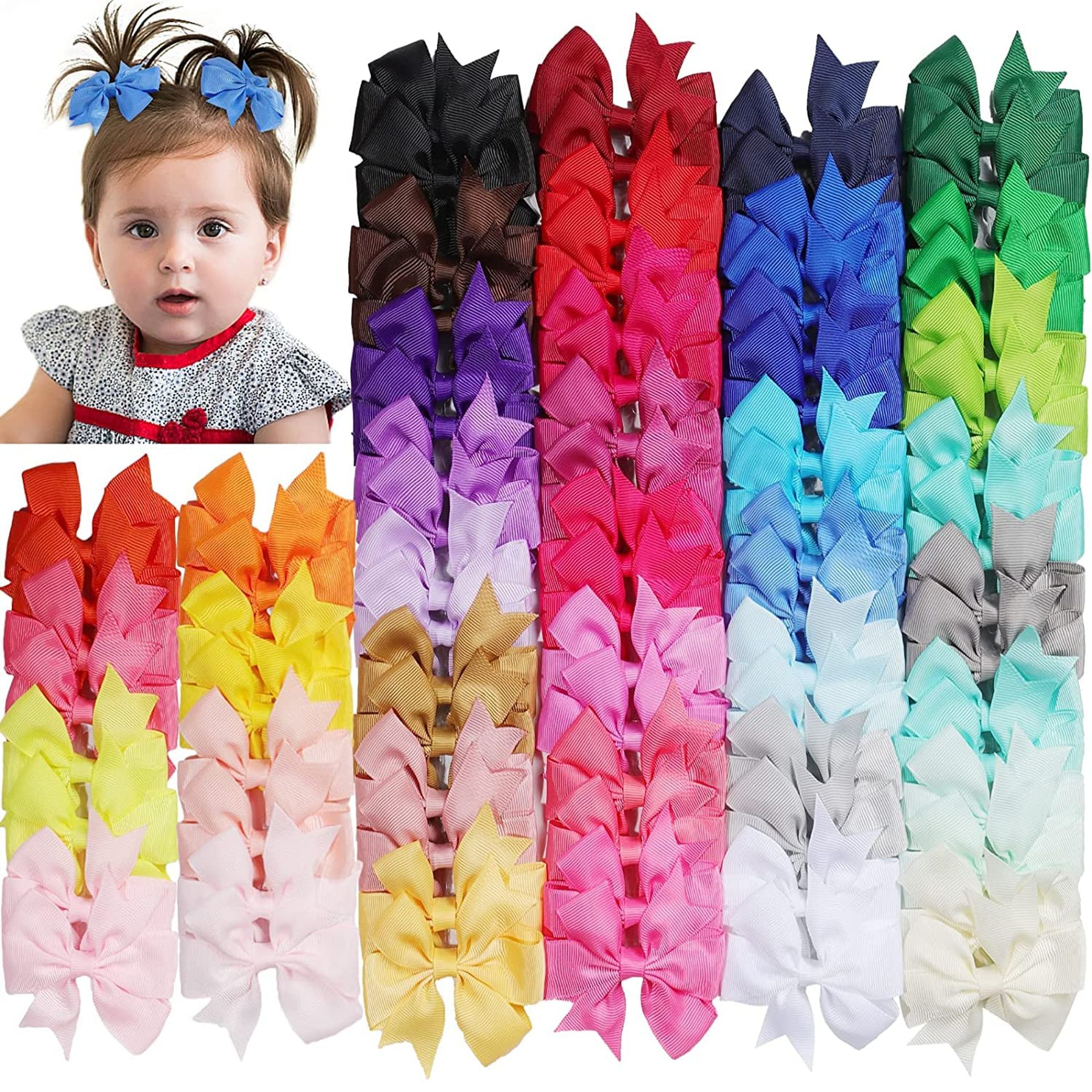 80Pcs Boutique Grosgrain Hair Bows, 3 Inch Hair Bows Clips & Barrettes, 40 Colors In Pairs, Kids Girls Gifts
