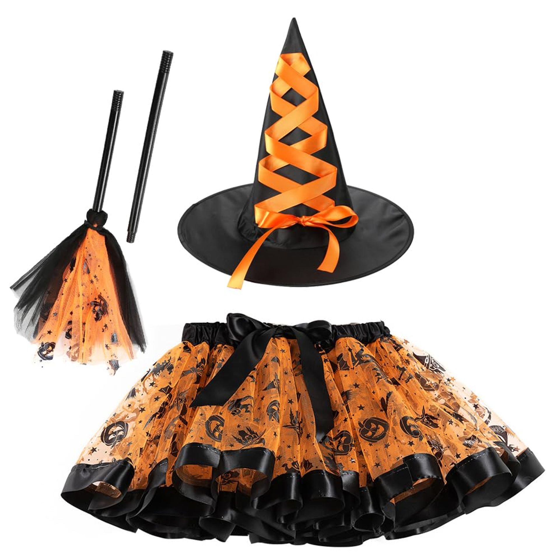 Halloween Witch Costume for Kids - Orange Tutu Skirt, Hat & Broom | Fancy Dress Cosplay Outfit for Girls