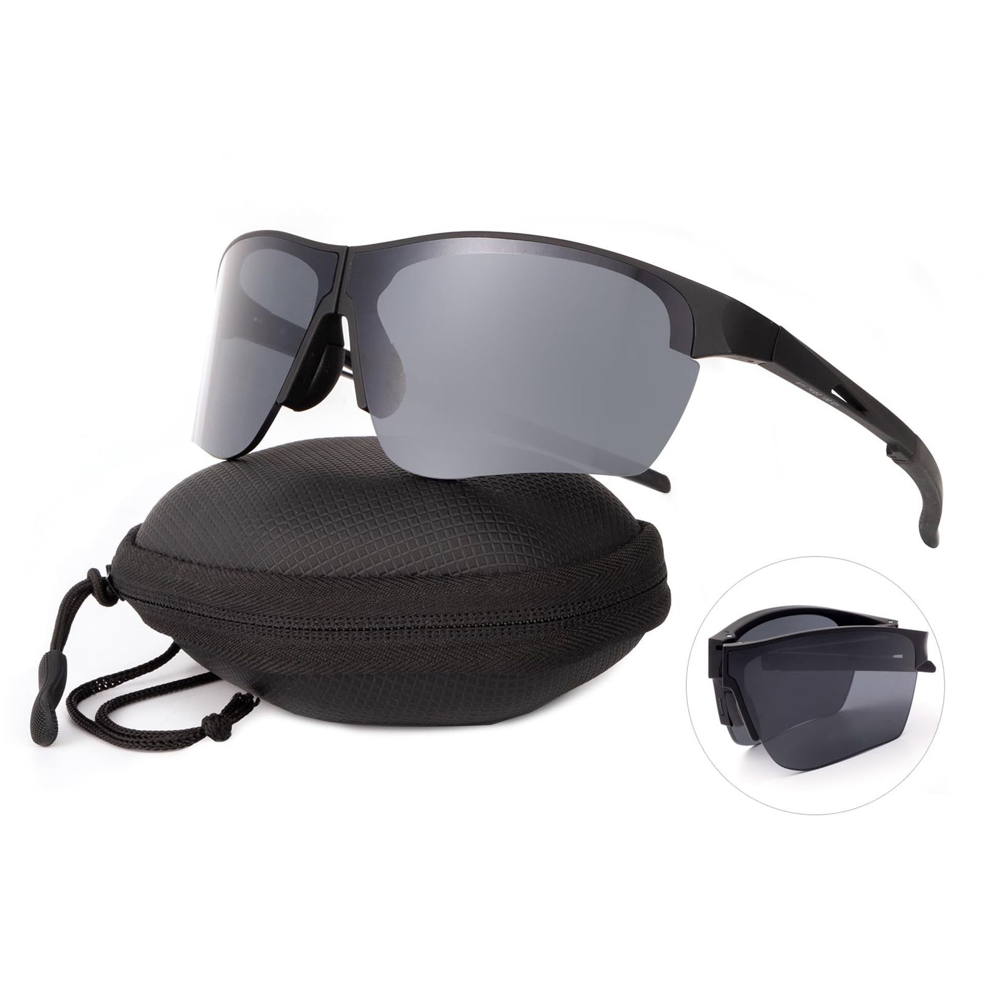 Foldable Cycling Glasses Windproof TR90 Sports Goggles for Men & Women Outdoor Riding, Fishing & Hiking - Black Frame Gray Lens S