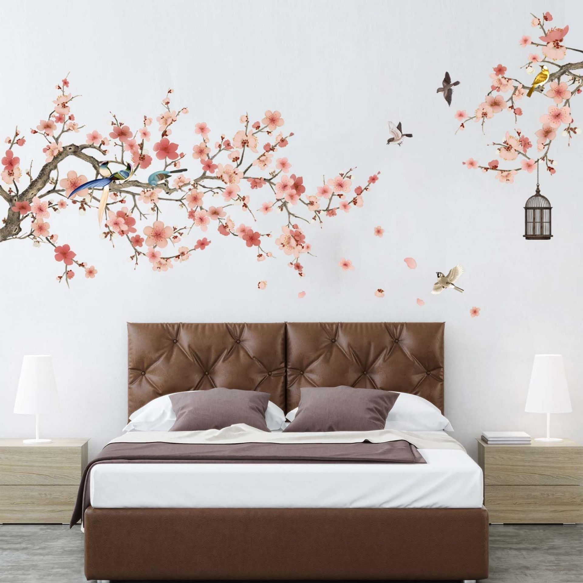 Amimagen Pink Cherry Blossom Wall Stickers - Tree Branch Flower Birds Wall Decals - Bedroom Living Room TV Sofa Background Home Wall Decor
