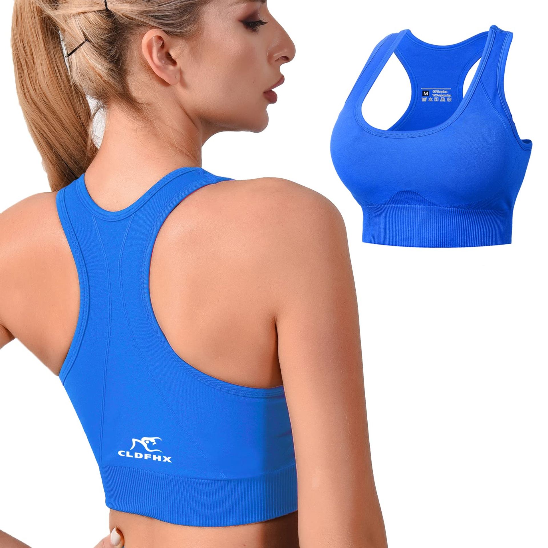 Women's Sports Bra Padded Seamless Racerback High/Mid Support for Running, Workout & Fitness - Multi-Blue S