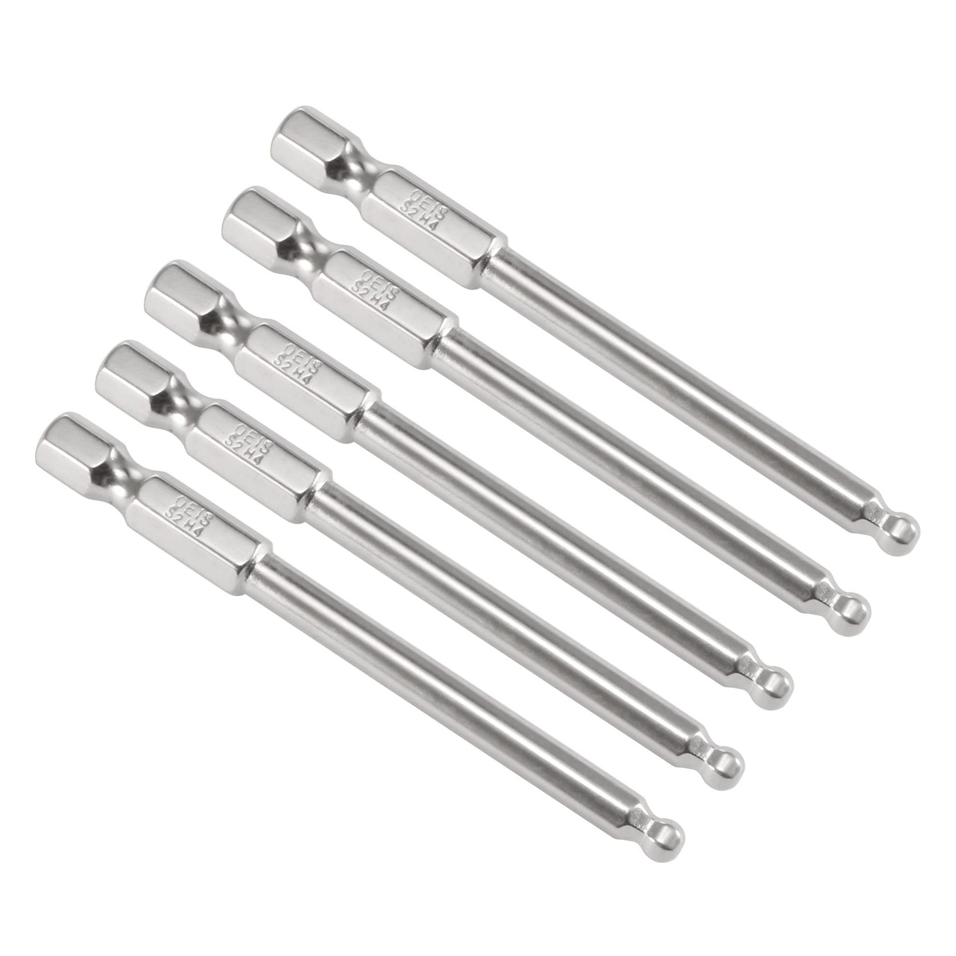 Set of 5 Magnetic Ball End Hex Screwdriver Bits, 4mm H4, 75mm Long, S2 Steel, 1/4'' Hex Shank for Power Tools & Drills