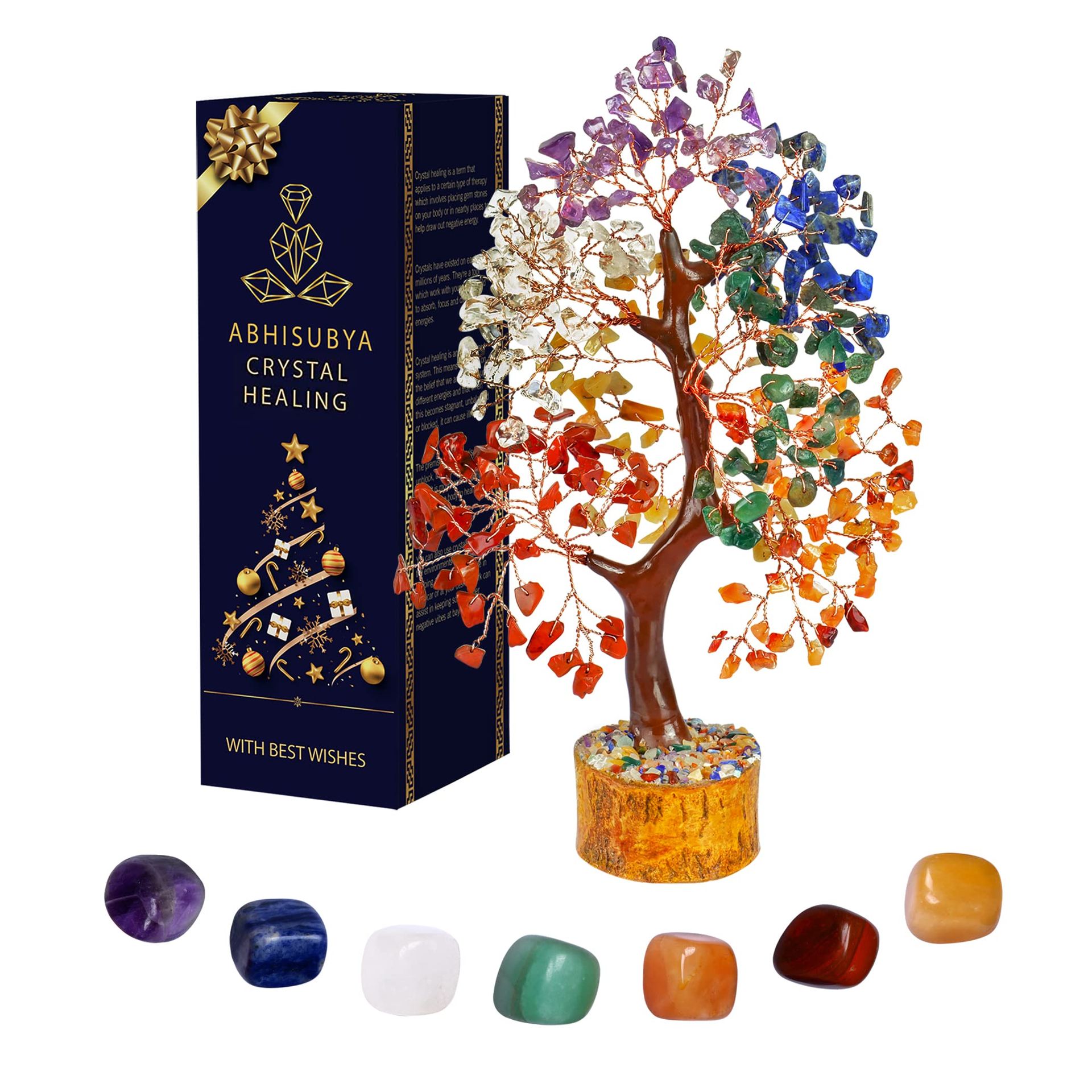 Crystal Tree of Life Seven Chakra Gemstone Decorative Ornament for Home, Meditation & Good Luck - Red Yellow