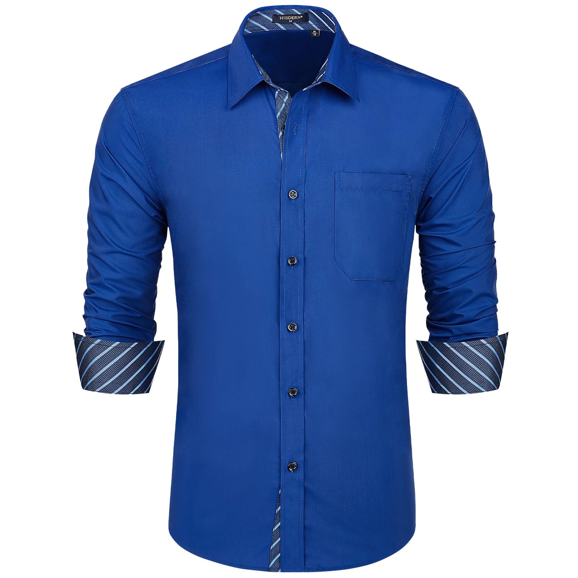 Men's Long Sleeve Dress Shirt Regular Fit Non Iron Business Wedding Work with Pocket - Royal Blue L