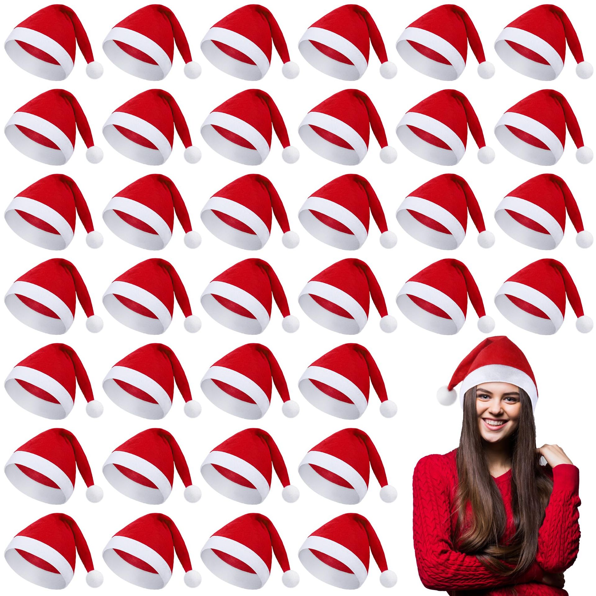 Shojoy 36 Pack Christmas Santa Hat Bulk with White Cuffs Non-woven Decorative Santa Costume Hat Christmas Party Hats for Christmas Party Supplies Cosplay Performance