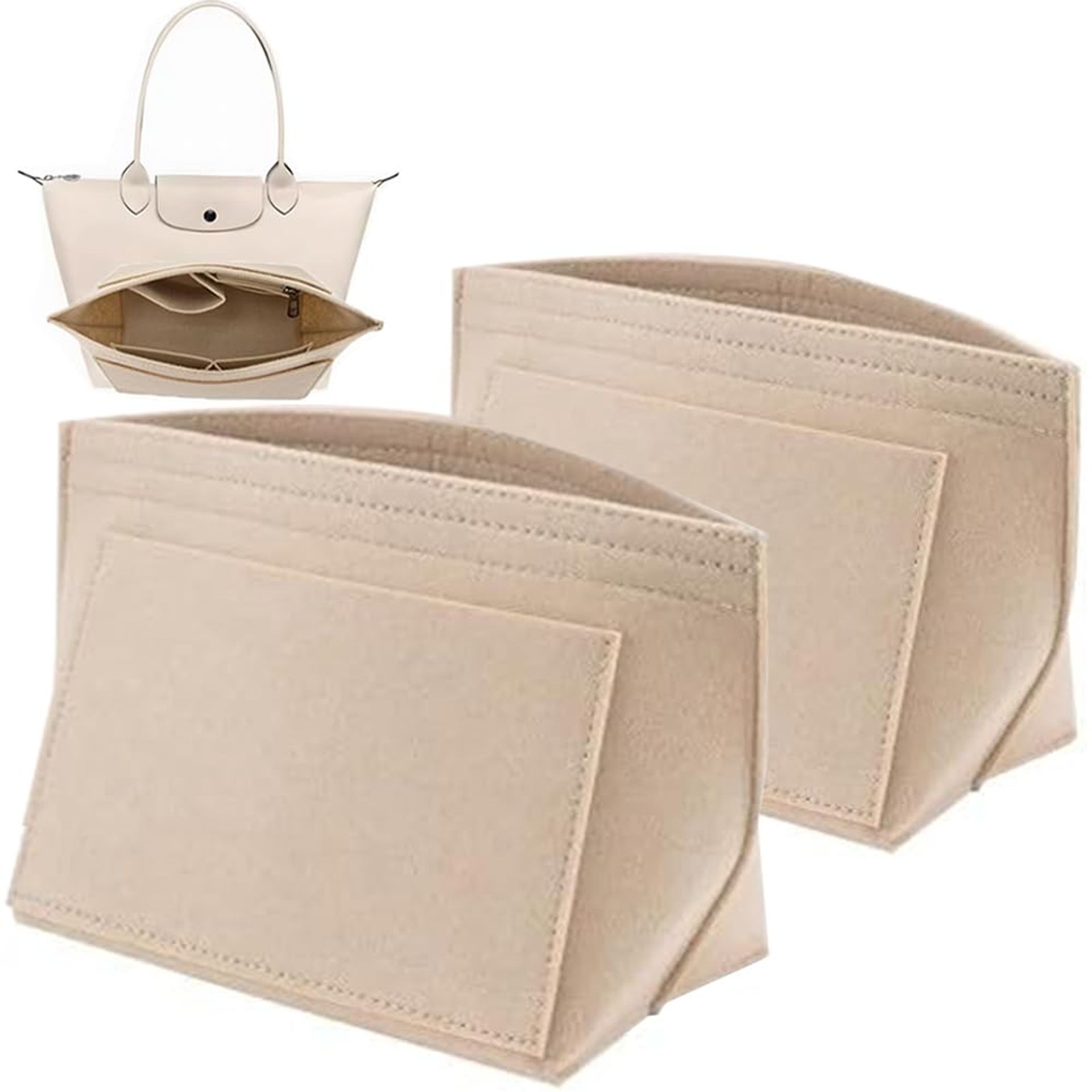 Elegant Beige Felt Handbag Organiser Insert with Multi-Pocket Design, 2 Pack - Large Size