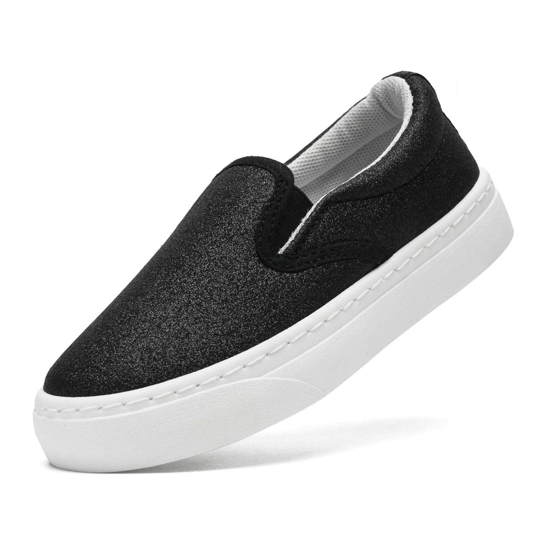 Girls Canvas Slip-On Trainers Glitter Pumps Breathable Anti-Slip Sole - Black UK 13.5 Child